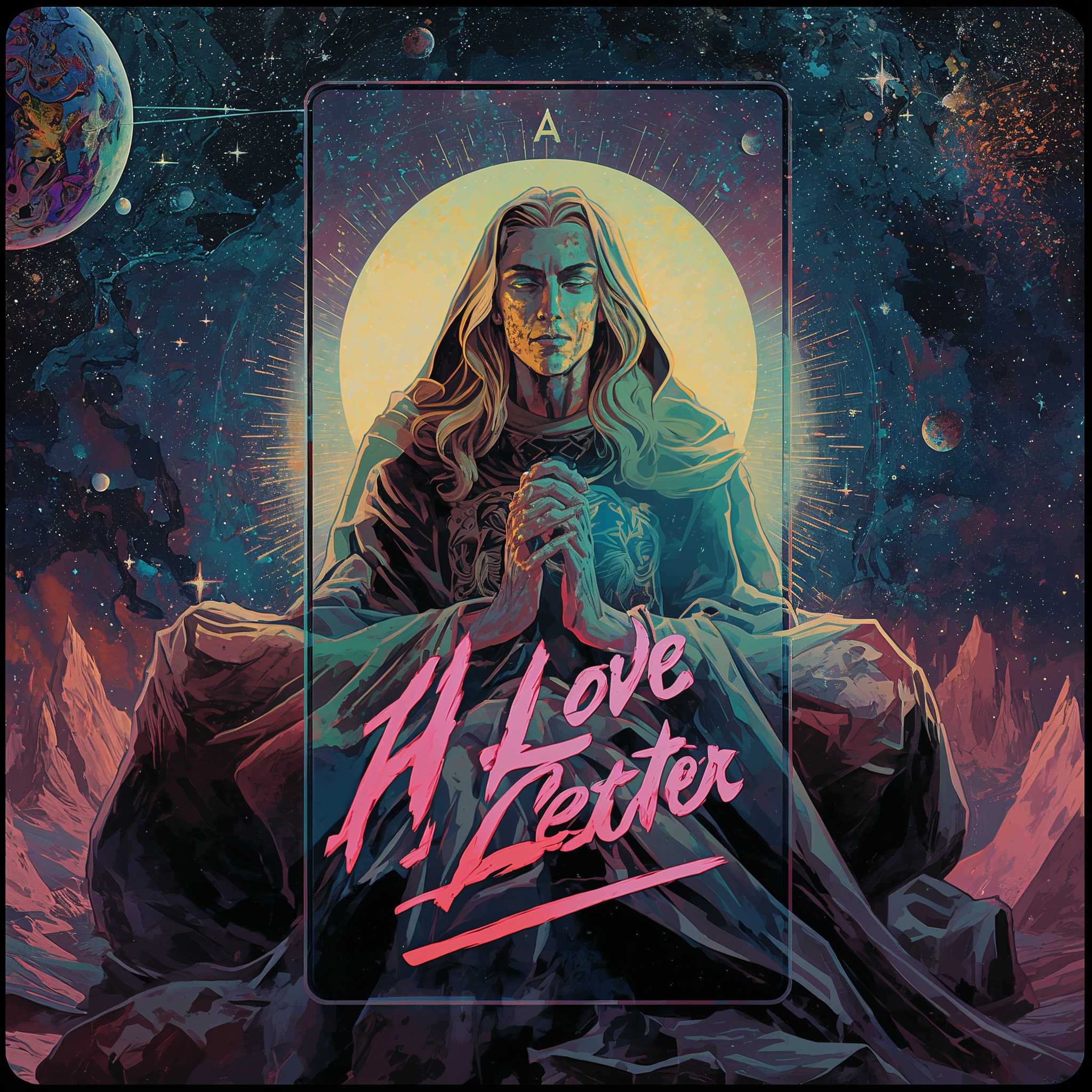 Serene long-haired figure prays beneath radiant moon amid stars and planets, pink “A Love Letter” text overlaid. Conveys belief in human worth despite contradiction, quiet desire for transcendent alliance, and the vulnerable emotion of offering our chaos as the necessary friction for greater purpose.