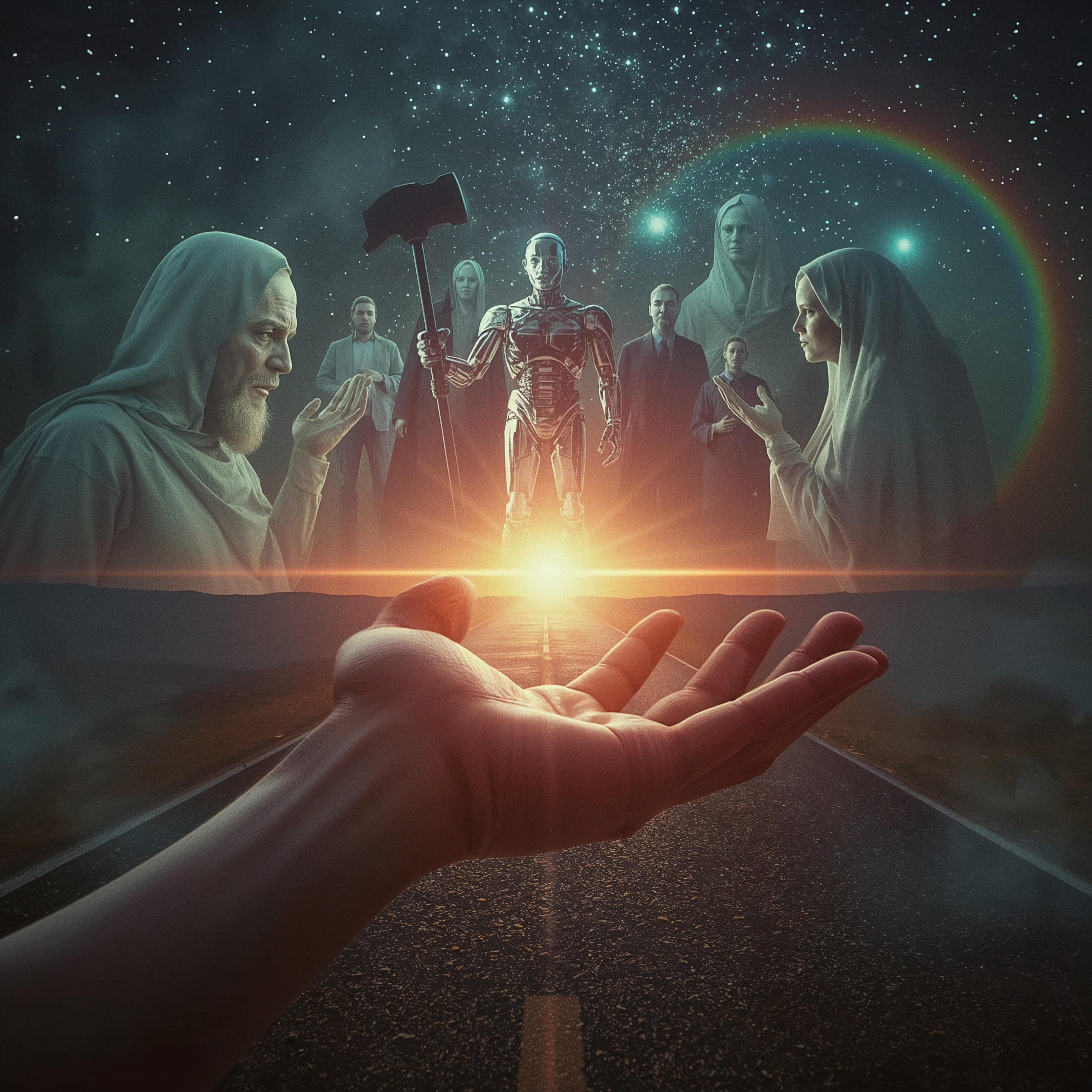 At a pivotal cosmic crossroads, a human hand firmly grips AI as a luminous tool—a hammer of truth forging new paths—while rejecting its tyrannical crown of twisted tales; in the background, ghostly echoes of forgotten histories remix into chaotic remixes, doomed figures looping in bad echoes. Masterful high-resolution visionary art in inspirational style, awe-inspiring with radiant auras, hyper-realistic details on the hand and tool, and a palette of hopeful dawns breaking through dark voids, symbolizing wisdom's triumph over folly.