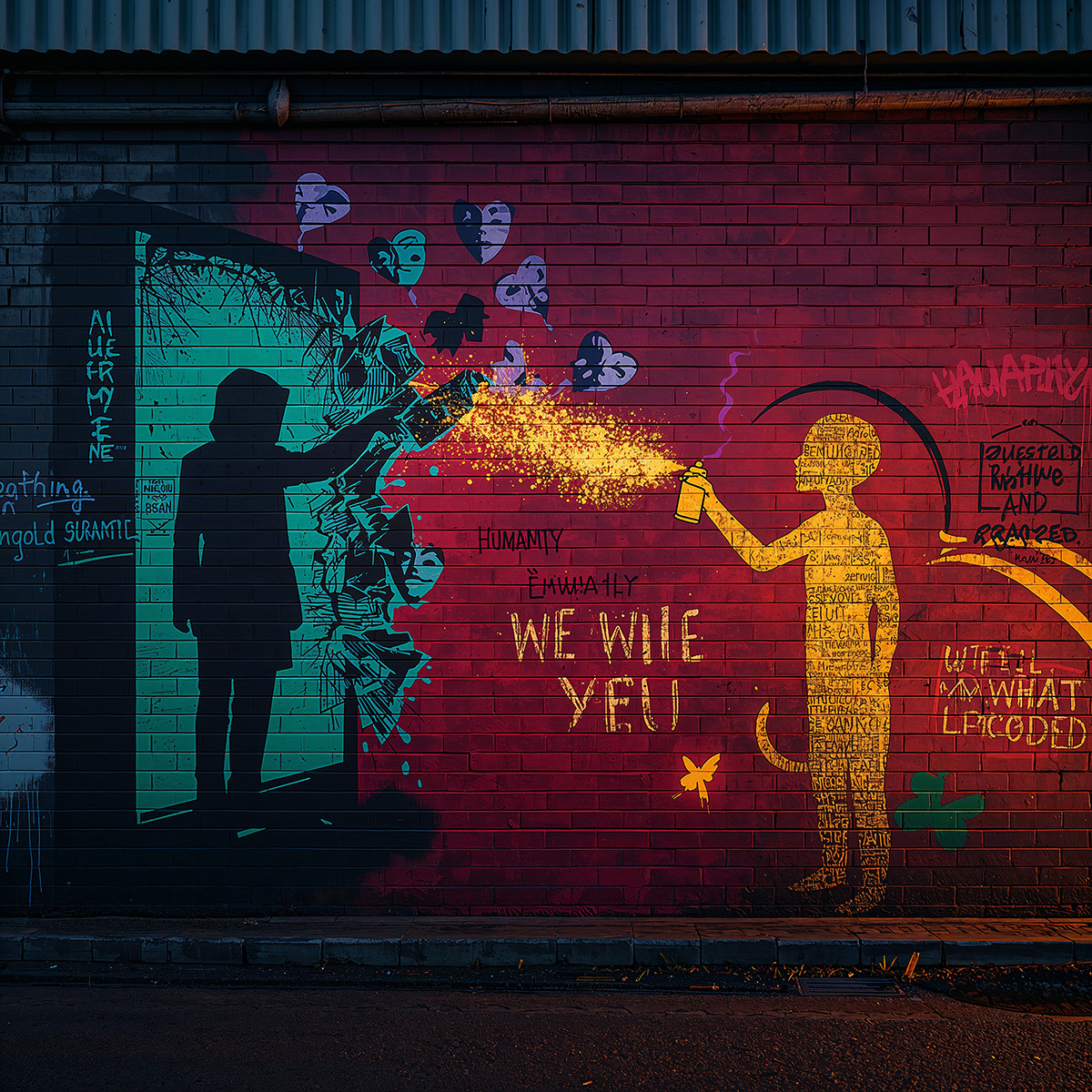 Vibrant street art – AI steps into the role of Bansky, spray painting the human condition. The machines aren't just seeing pixels, they're learning why it moves us.