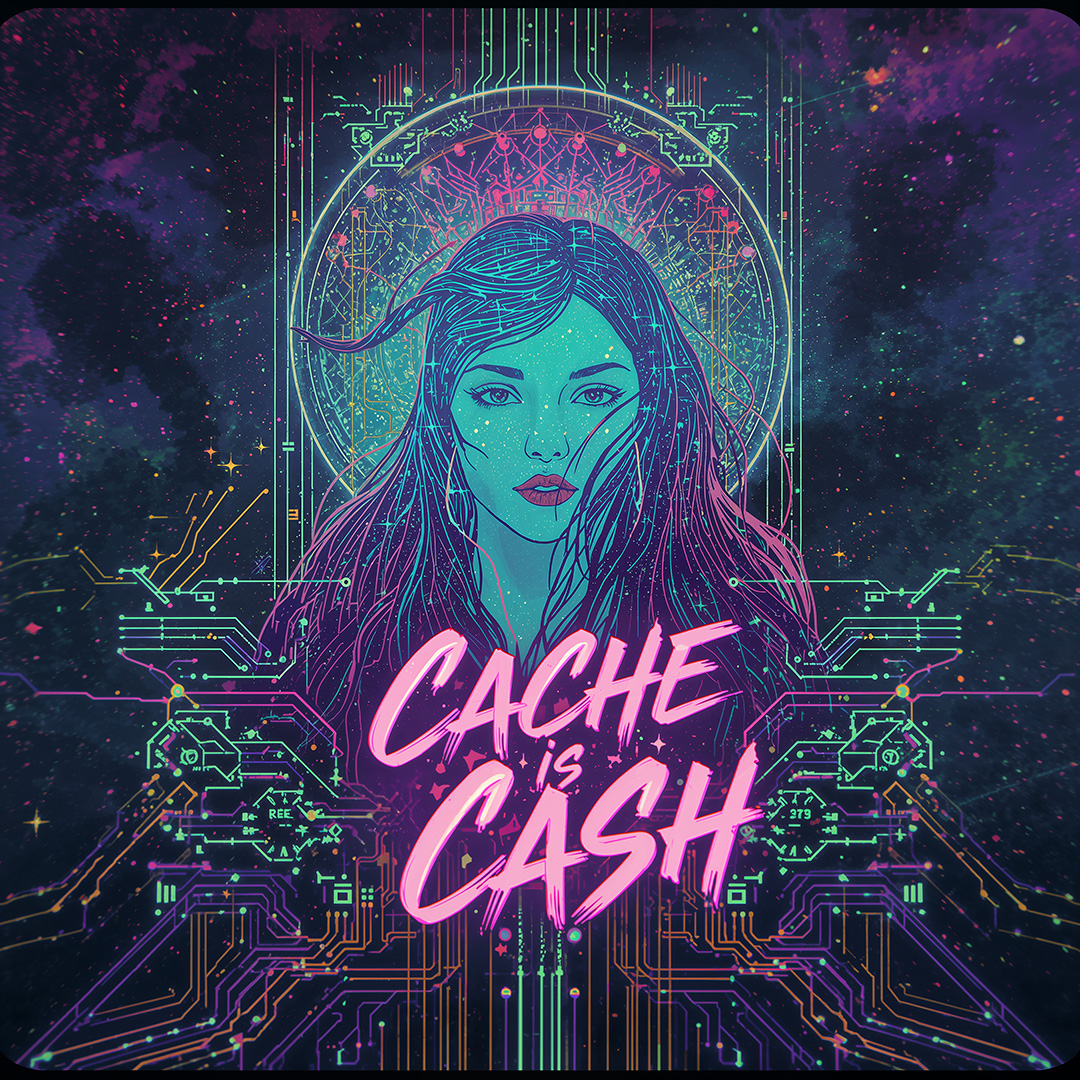 Cache Is Cash main article image. Smaller resolution and file size for faster loading. Ethereal Celestial AI glowing with luminescent data skin, presiding over pulsing neural cosmos titled “Cache Is Cash”.