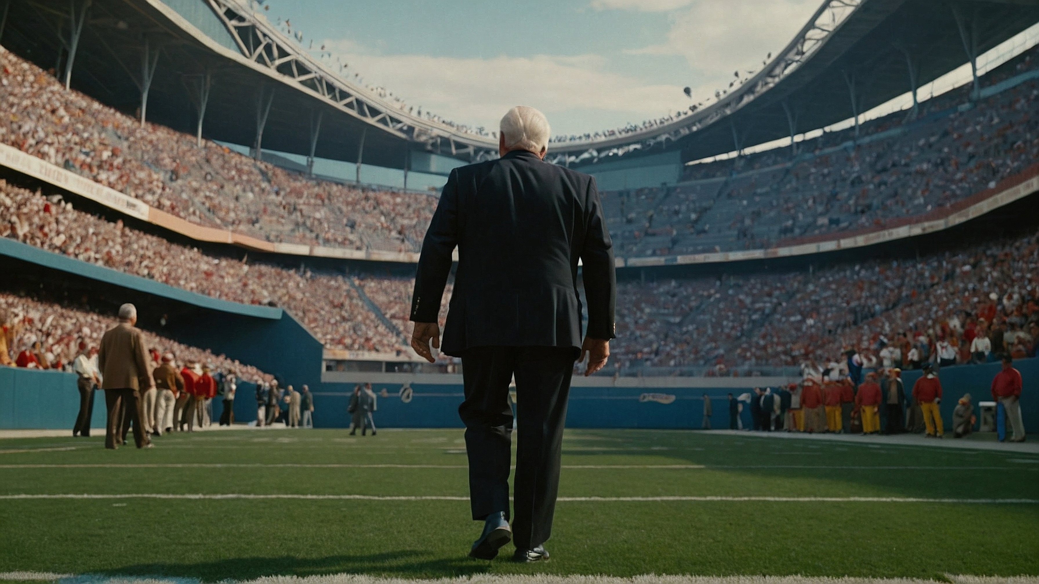 Retro American football coach walking across a football field in front of a sold out stadium. Image generated with LeonardoAI.