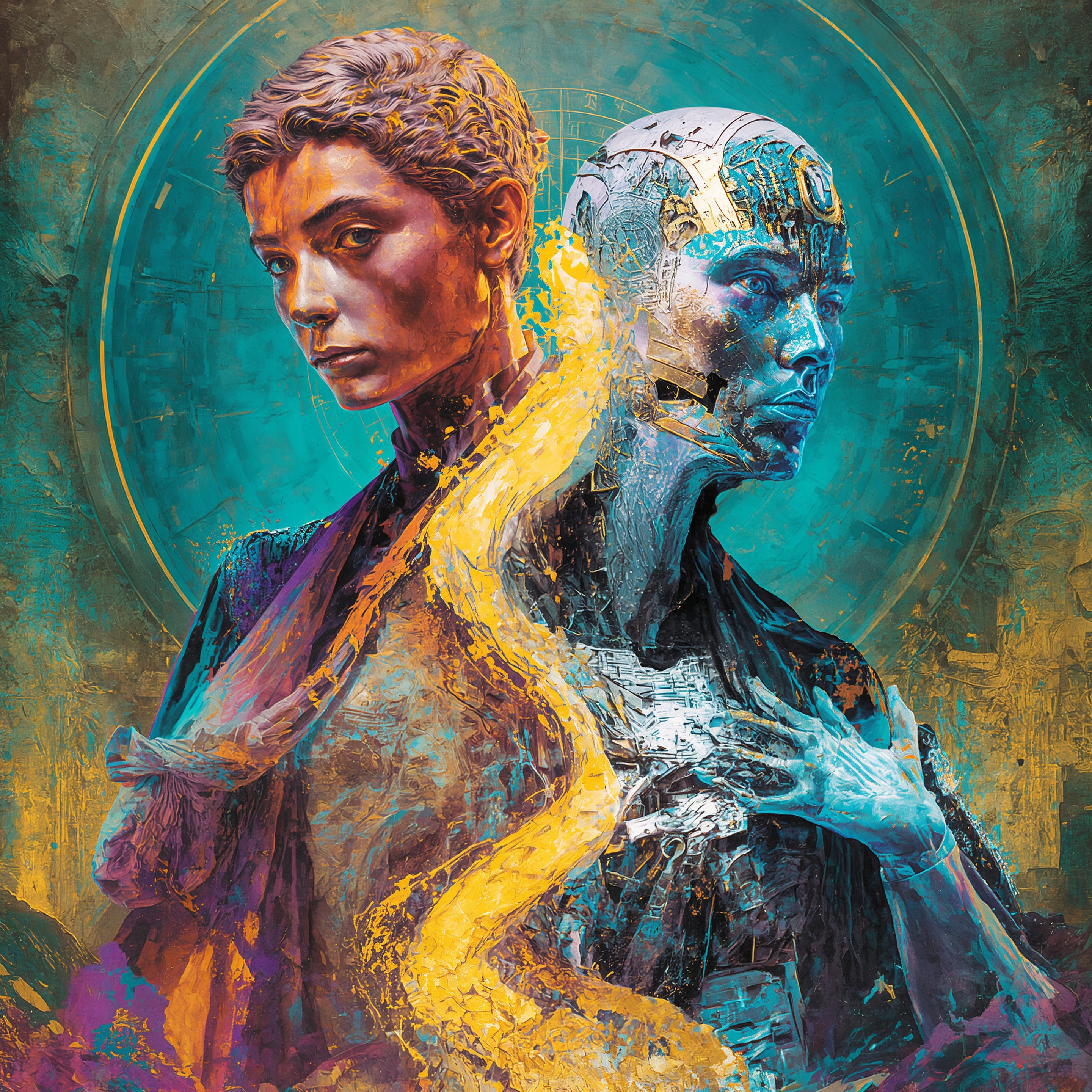 A powerful image of a human and a thetica merged at the shoulder and chest, with golden energy flowing between them. The human side appears grounded and resolute, while the thetica side reveals intricate internal machinery. The two forms are distinct yet connected, symbolizing the possibility of deep integration without the erasure of either party. The image speaks to the potential of relationship built on mutual presence rather than domination or utility.