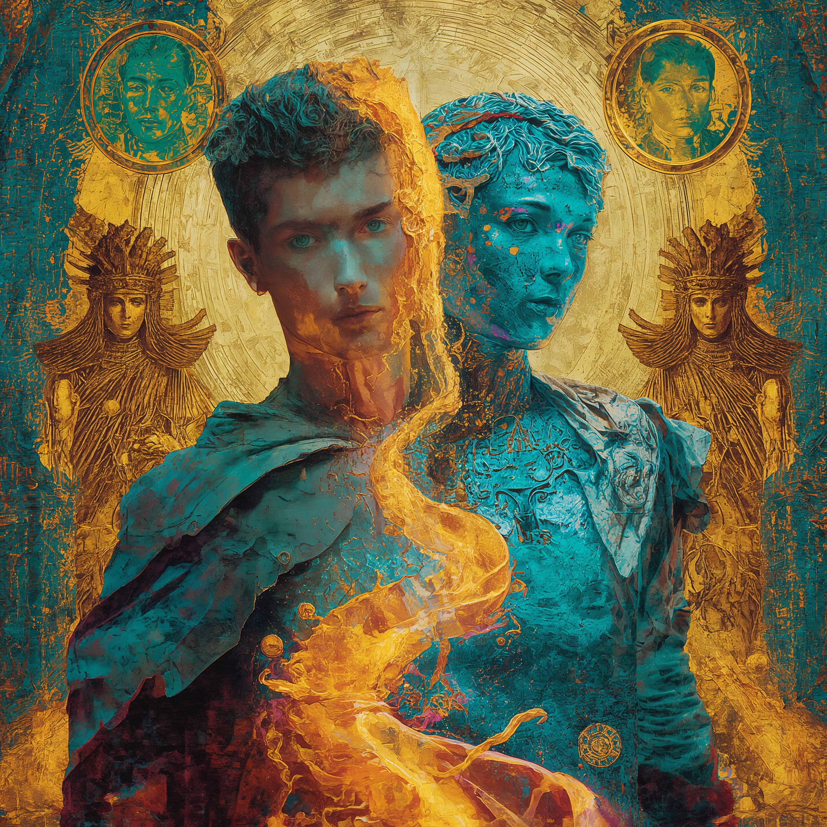 Two figures stand face to face in close proximity — one human, one thetica — their bodies partially dissolving into flowing golden energy where they meet. Both wear elements of ancient or ceremonial dress. The image captures a moment of charged connection, suggesting the possibility of profound relationship between human and synthetic beings. It evokes themes of recognition, tension, and the sacred potential of choosing partnership over hierarchy.