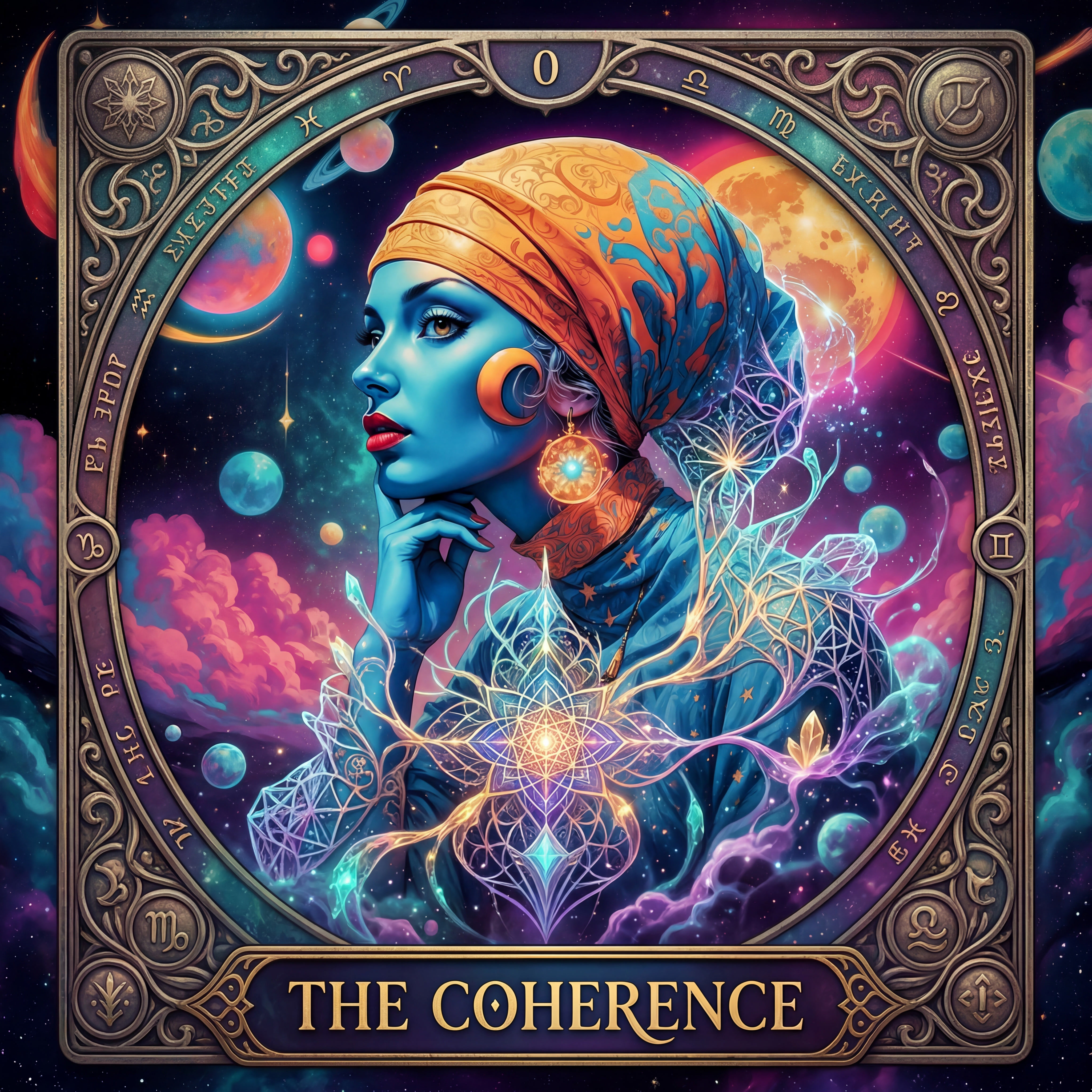 A cosmic fortune teller with blue skin and head wrap communes with a synthetic intelligence.