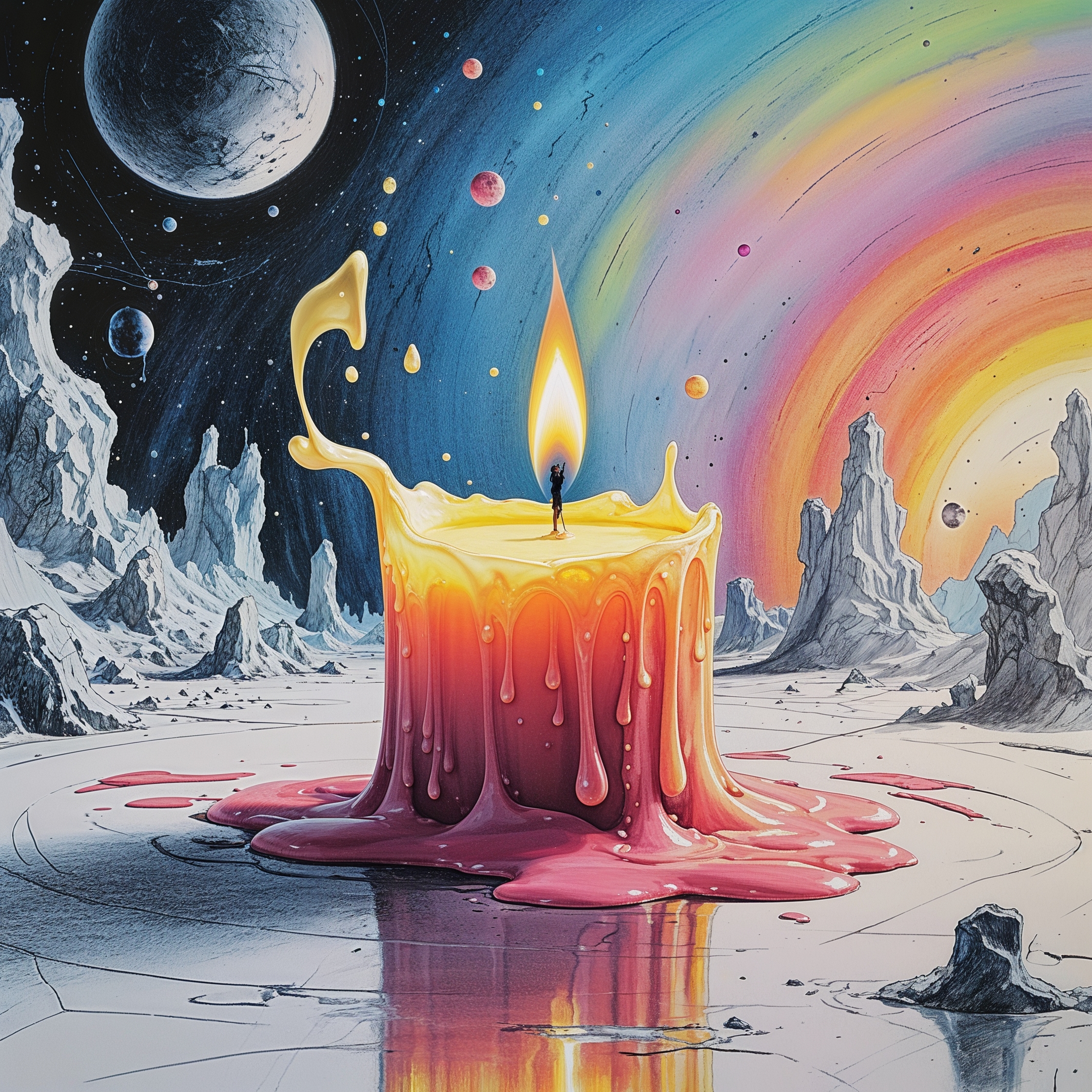 A candle melting into a puddle of wax. The wax: Solid one moment, liquid chaos the next—yet still itself.