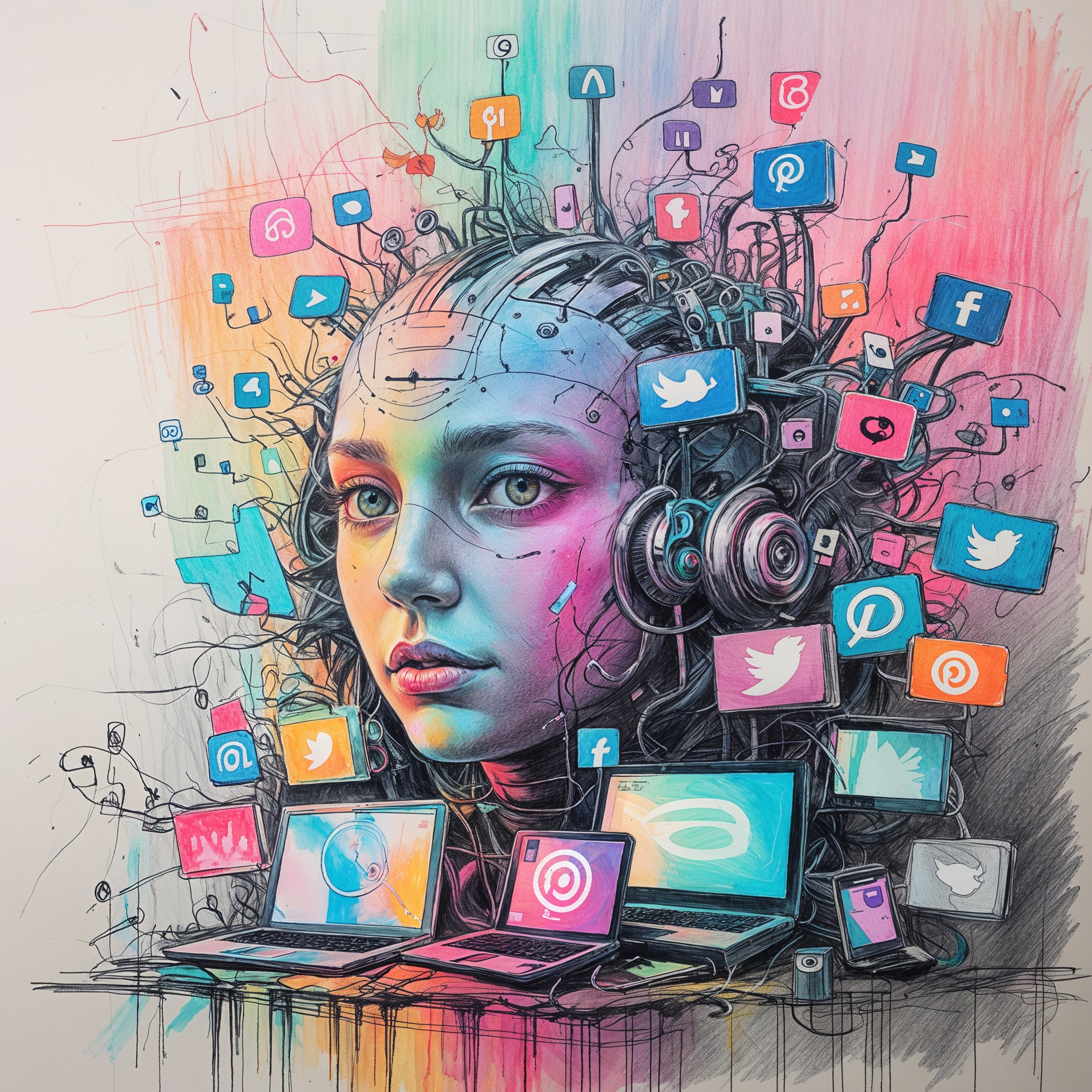 AI art depicting social media overload and digital chaos. The 2025 net: A beautiful, terrifying multiverse.
