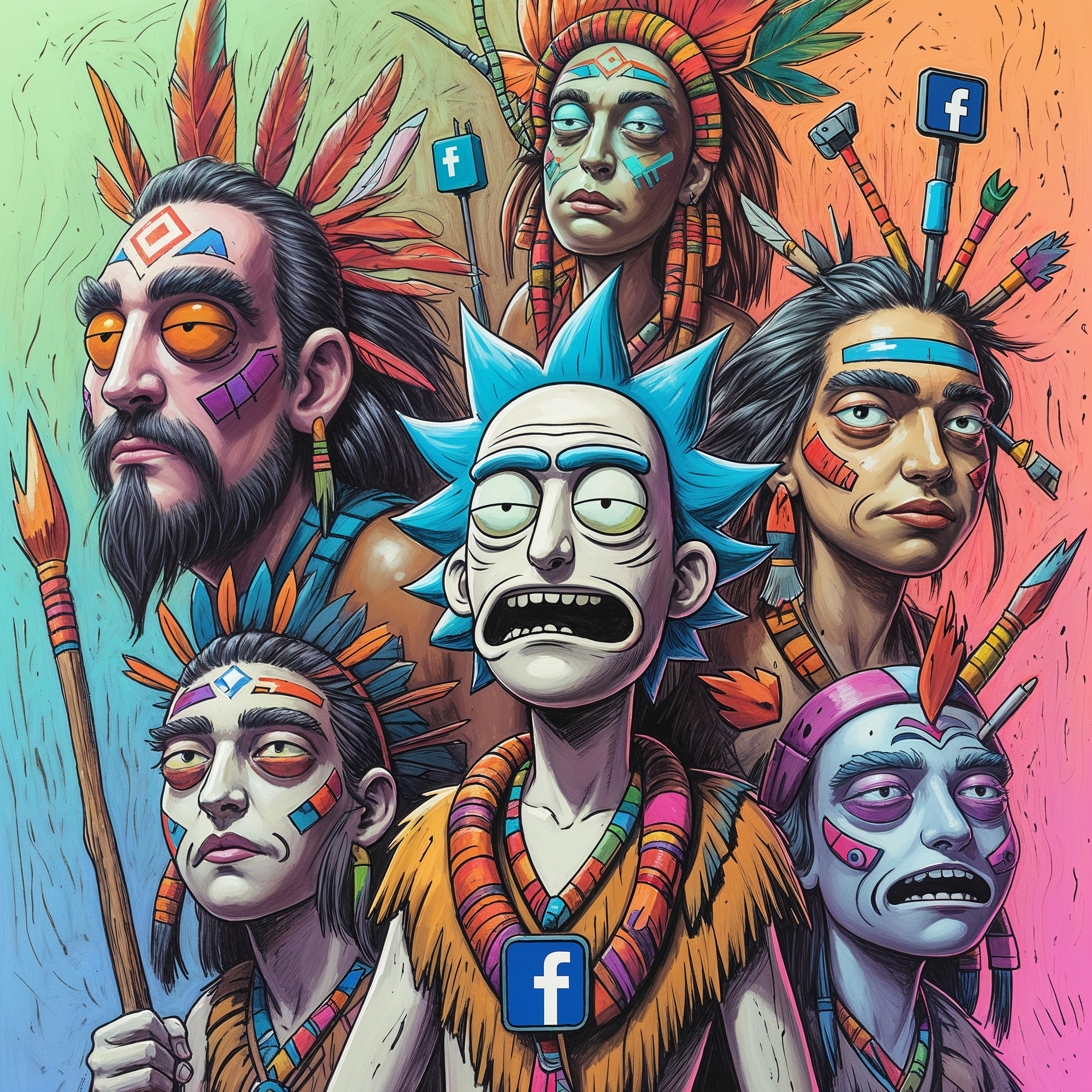 Cartoon of ancient tribes representing old social networks. Digital clans: From MySpace pagans to Facebook faithful.