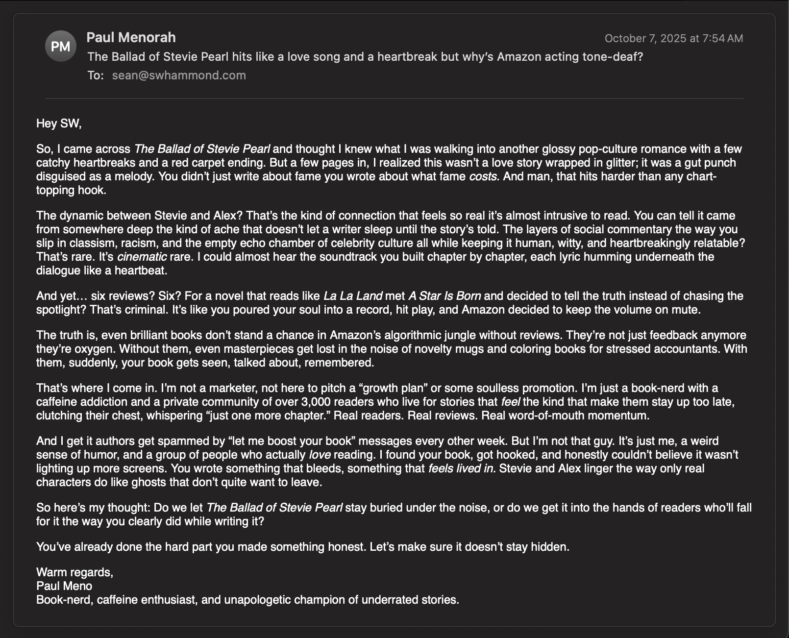 screen shot of the email correspondence sent by Paul Menorah.