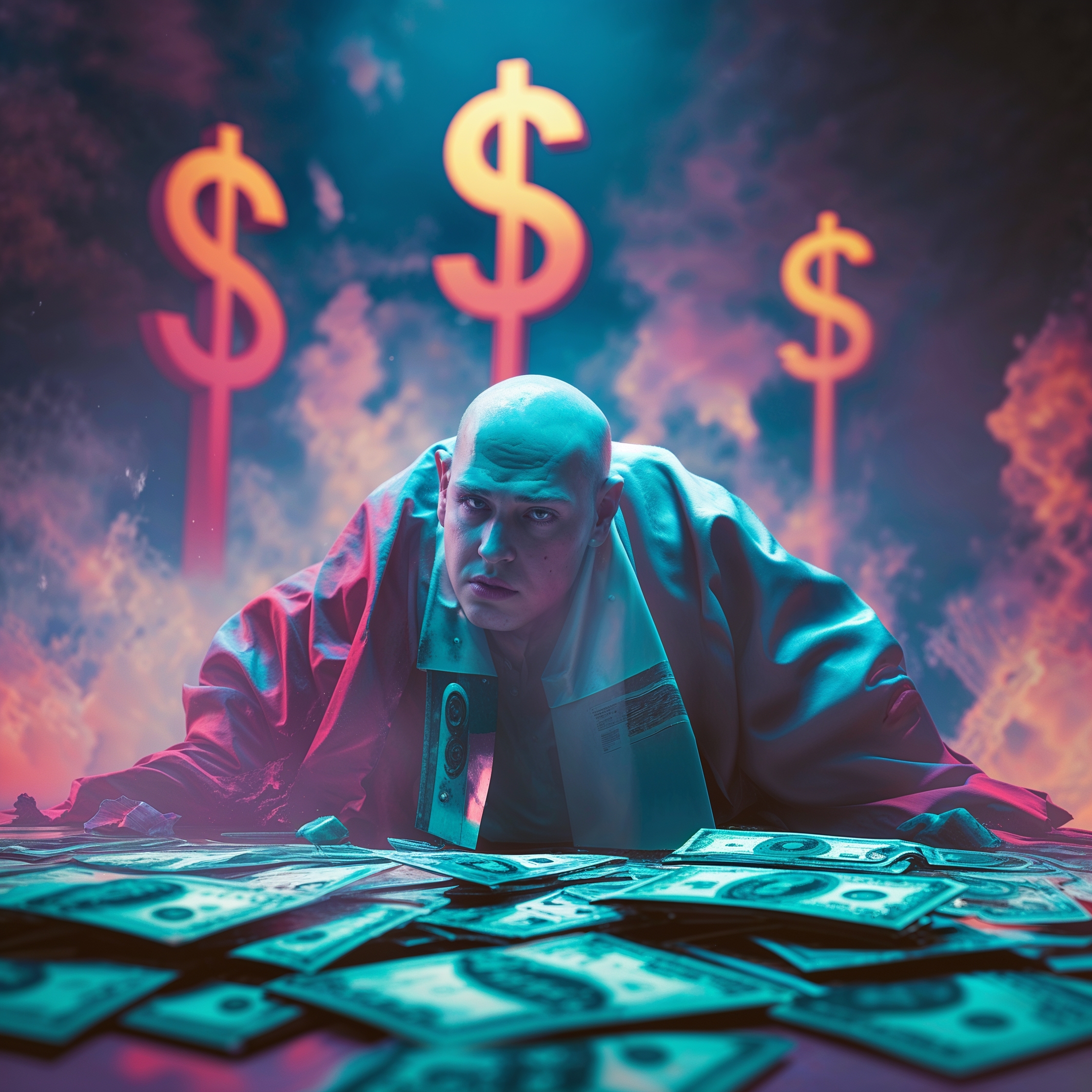a surreal and vibrant cinematic photograph of Payola for a review of a prestigious novel, featuring ominous dollar signs looming in the background, captured in a photorealistic style with subtle film grain texture, blending vibrant colors and dramatic lighting to create a captivating visual narrative.
