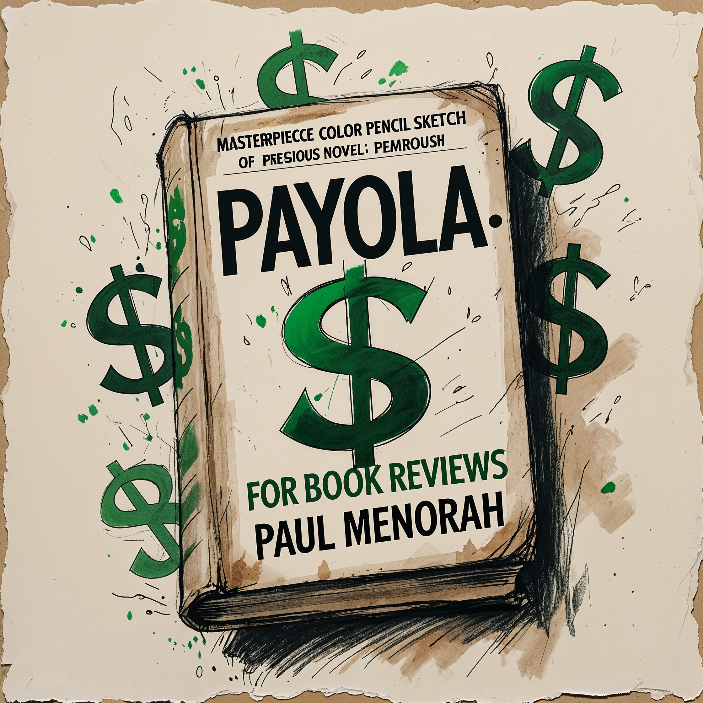 a masterpiece rough color pencil sketch of the cover of the prestigious novel Payola: For Book Reviews by Paul Menorah, featuring ominous dollar signs scattered throughout, with visible pencil marks and paper texture, the title and author's name in bold, cursive font, with the dollar signs looming large in the background, the color palette consisting of muted earth tones with splashes of green to represent money, the sketch laid out in a rectangular frame with uneven edges, giving it a raw, unfinished look.
