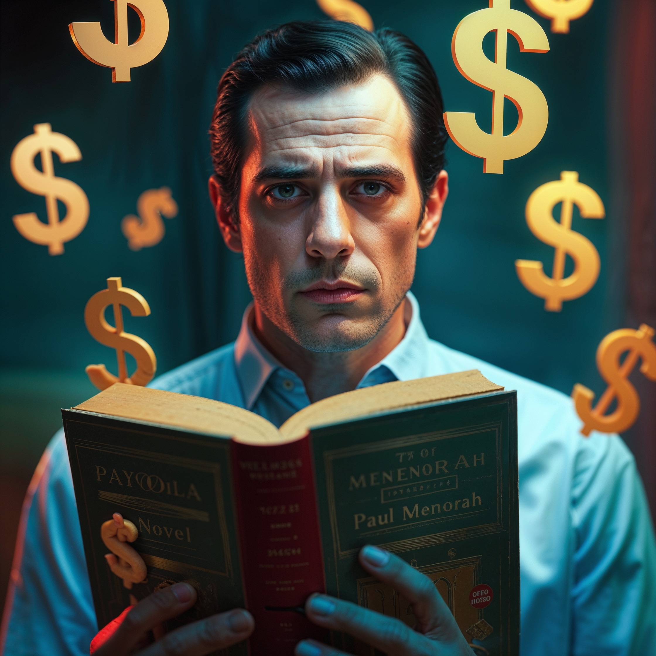 a surreal and vibrant cinematic photo of Paul Menorah with a contemplative expression, holding a prestigious novel, surrounded by ominous dollar signs that appear to be floating in mid-air, as he tries Payola for book reviews, with a photorealistic and film grain aesthetic, featuring a mix of bold and muted colors, with a shallow depth of field, and a shallow focus on Paul's face, which is illuminated by a soft, warm light, with his facial features sharply defined, and his skin tone a natural, creamy hue, set against a blurred, dark background that adds to the ominous atmosphere.