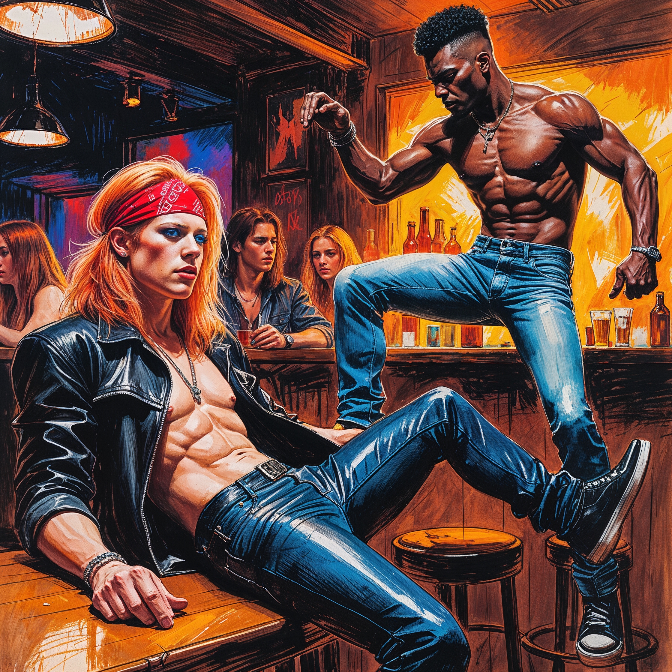 a masterpiece rough color pencil sketch of a 1980s fever dream, with a hair metal band hanging out in a dimly lit bar, the lead singer having shoulder length red-ish blonde hair and wearing a red bandana, a tight white t-shirt, and black leather pants, standing next to a strong young black man with a flat top haircut, who is dancing on top of a wooden table, wearing a bright teal sweater and skin tight stone washed jeans, with vibrant pencil marks and visible paper texture, the scene is filled with energetic lines and bold colors, capturing the essence of a lively night in the 1980s music scene.