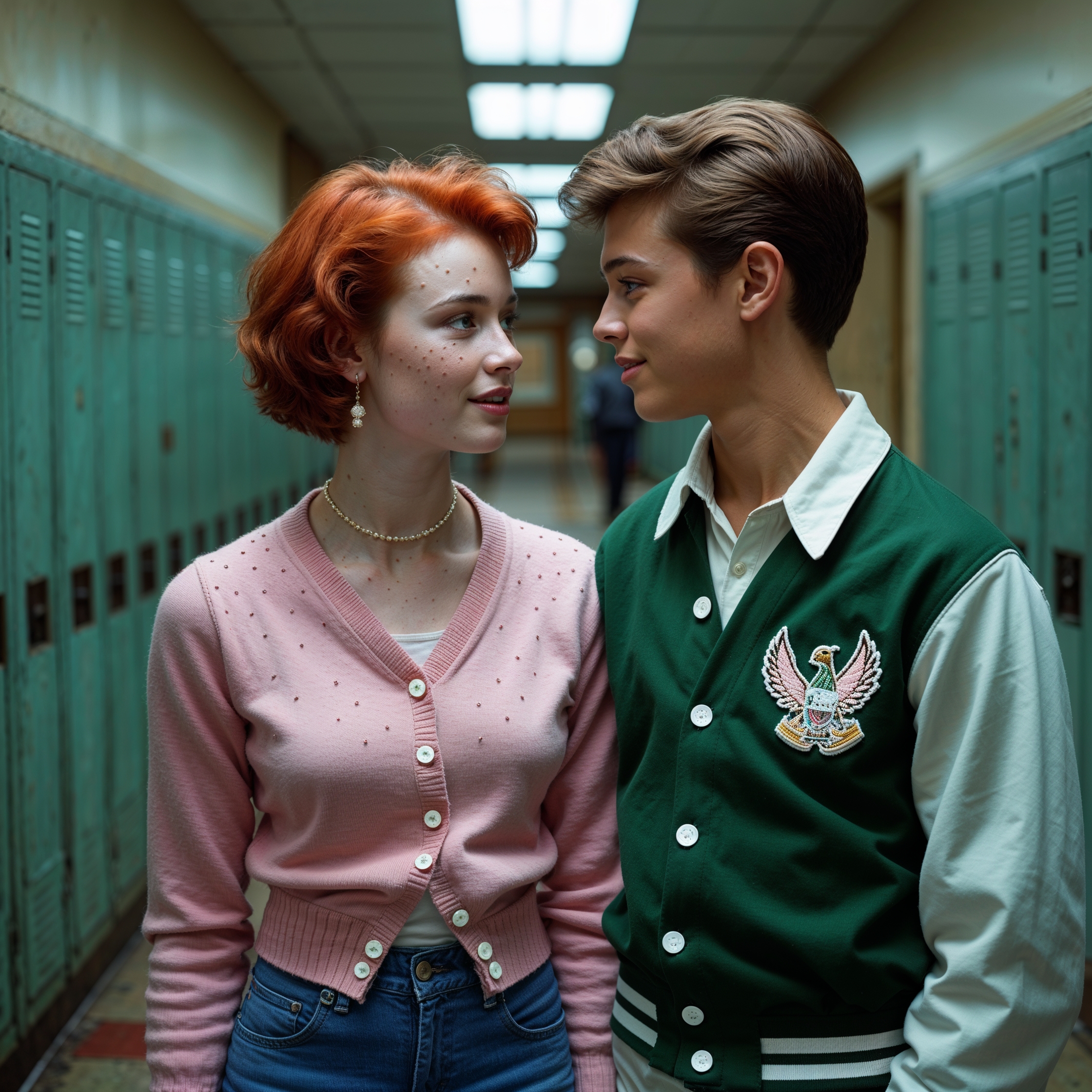 A key frame from a 1980s John Hughes teen movie, set in a nostalgic high school hallway with faded lockers and worn floors, an 18 year old woman with vibrant short red hair and scattered light freckles, fashion focused, prissy, wearing a pastel pink cardigan with pearl buttons, looking lovingly at a teenage boy, dressed in a vintage 1960s green varsity jacket with white sleeves and a fitted waist, the atmosphere is reminiscent of The Breakfast Club meets The Wonder Years, with cinematic color grading, cinematic lighting, shallow depth of field, vignette, bokeh, shot on Kodak Porta 400 or Cinestill 800 film, captured with a Leica M10 camera, featuring a filmic aesthetic and nostalgic color palette.