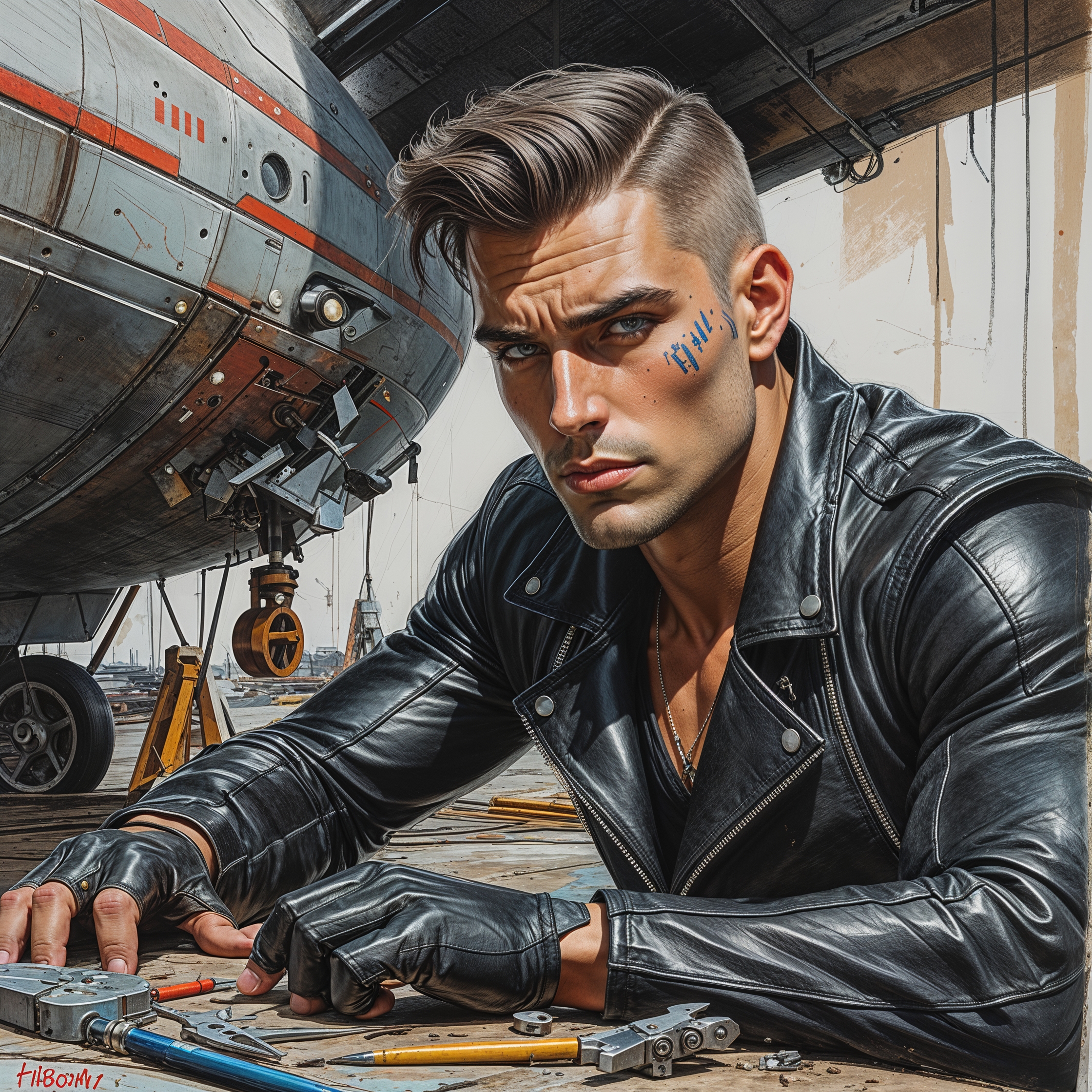 a masterpiece rough color pencil sketch of Brian, a chiseled handsome male model-like figure with sharp jawline, piercing blue eyes, and smooth olive skin, physically fit and stylish, wearing sleek black leather jacket with silver studs, working from under the undercarriage of a nearby personal spacecraft in the dock, his face showing empathy and concentration, tools scattered around him, in retro pulp sci-fi art with a punk twist including sleek hair and fashionable grease marks on his cheek, bold lines, capturing the bond of misfits against cosmic indifference, with visible pencil marks and paper texture, set against a gritty industrial background with metallic tones and neon accents.