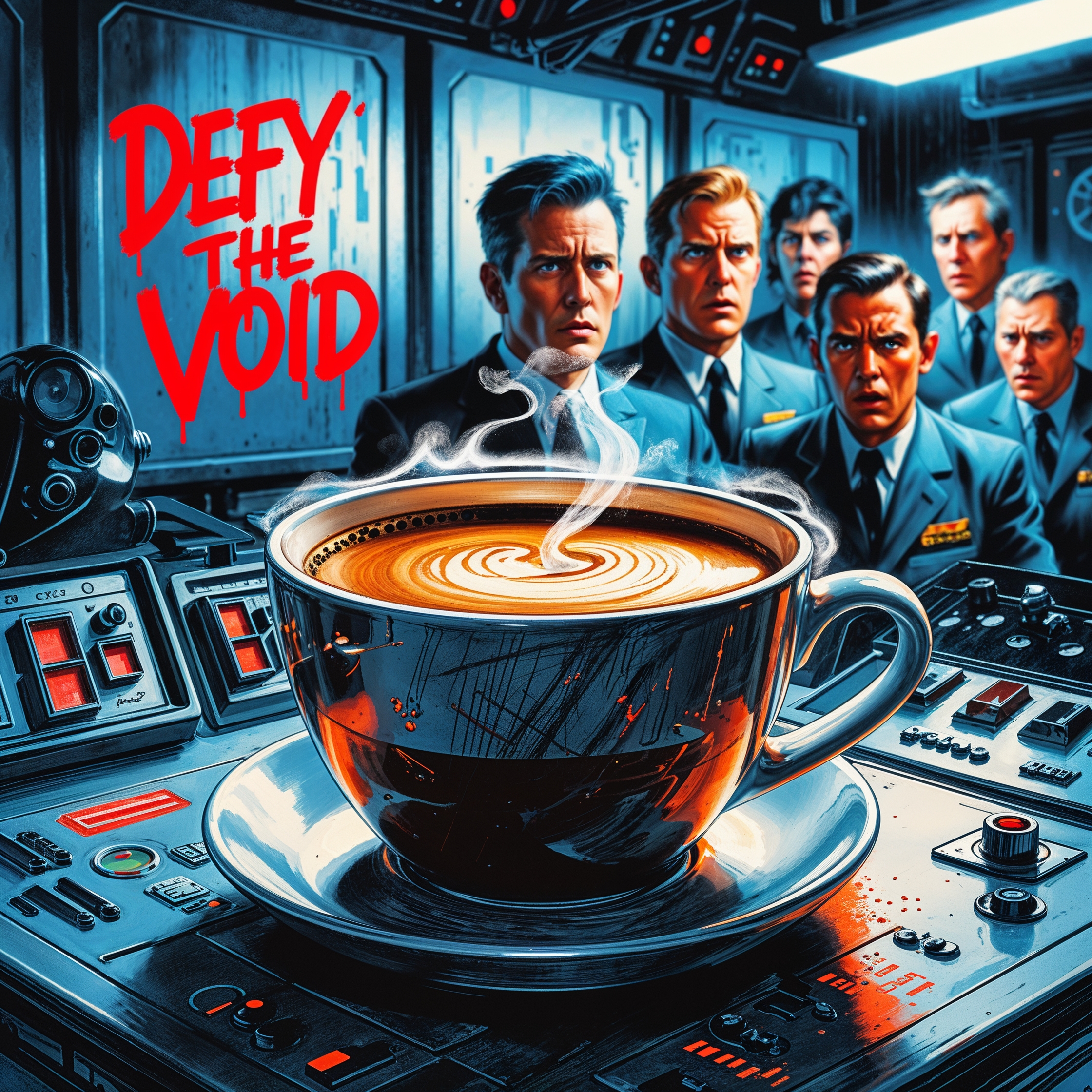 a masterpiece rough color pencil sketch of a dramatic close-up of a steaming coffee cup in the control room, its surface rippling like seismic waves from the hail's vibration, surrounded by 1950s sci-fi gadgets with punk graffiti scribbles like Defy the Void in bold crimson letters on metallic panels, hinting at operators' frantic reactions in the blurred background, with worried facial expressions and diverse skin tones, in an atomic-age illustration style infused with punk grit, vibrant contrasts of deep blues and fiery oranges, symbolizing how the universe's indifference disrupts our fragile human comforts, with visible pencil marks and paper texture.