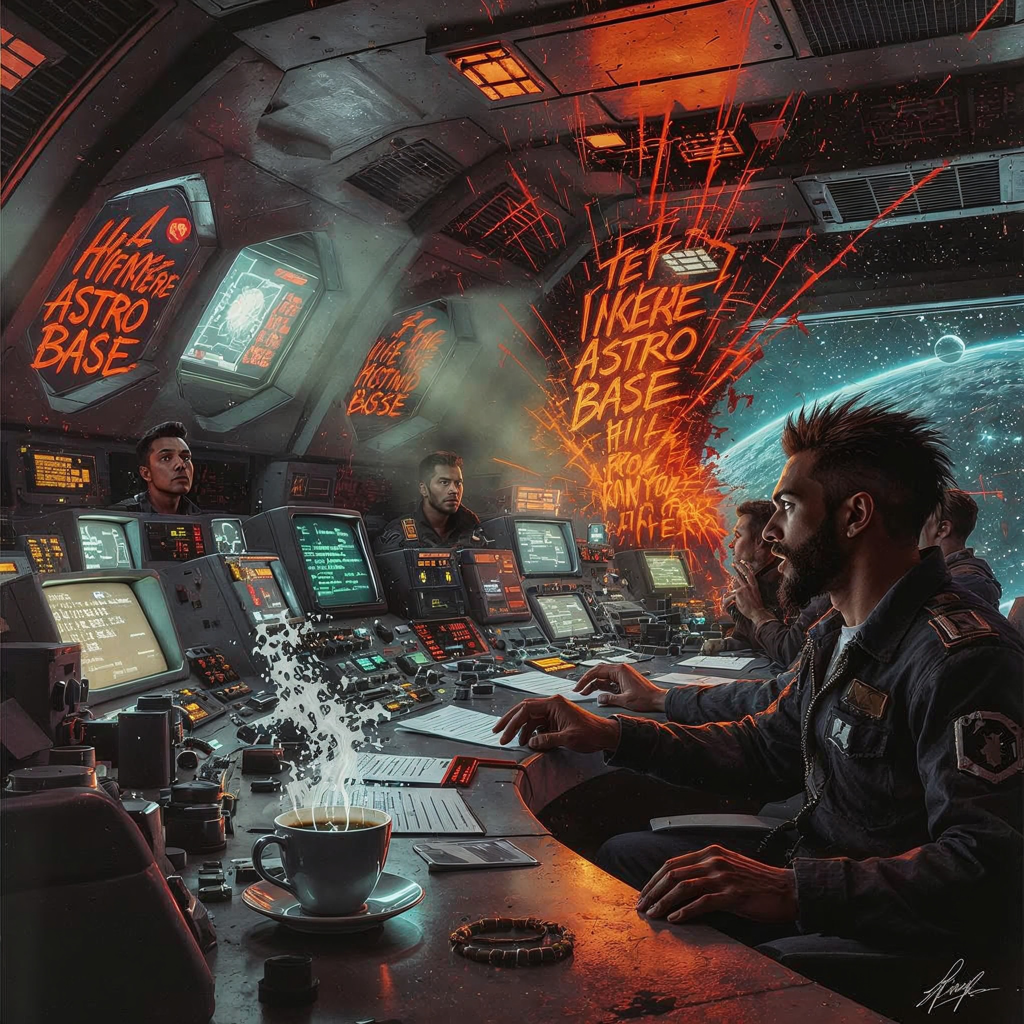 a stunning retro-futuristic illustration of a bustling 1950s-style space control room with atomic-age consoles and flickering screens displaying cryptic messages, a cup of coffee rippling dramatically on a worn metallic desk from the incoming hail from Astro Base, a diverse group of operators in punk-torn jumpsuits with spiked hair and determined expressions scrambling in surprise, featuring a range of skin tones and facial features, with some sporting bold tattoos and scarred lips, set against a backdrop of starry voids visible through portholes scrawled with graffiti warnings in bold red and yellow letters, in a retro sci-fi illustration style crossed with gritty punk aesthetics, characterized by bold colors, dynamic shock waves, and dramatic lighting, emphasizing the mundane grind clashing with cosmic interruption, in ultra high resolution.