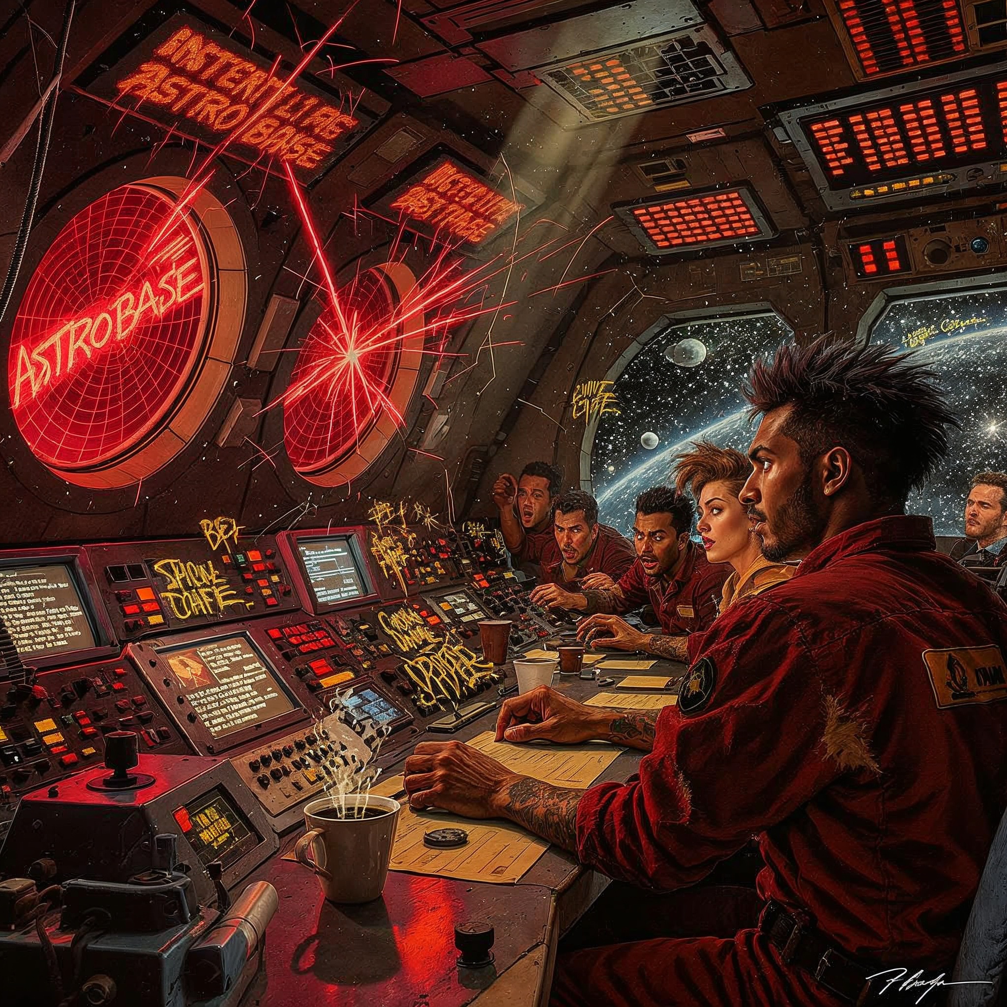 a stunning retro-futuristic illustration of a bustling 1950s-style space control room with atomic-age consoles and flickering screens displaying cryptic messages, a cup of coffee rippling dramatically on a worn metallic desk from the incoming hail from Astro Base, a diverse group of operators in punk-torn jumpsuits with spiked hair and determined expressions scrambling in surprise, featuring a range of skin tones and facial features, with some sporting bold tattoos and scarred lips, set against a backdrop of starry voids visible through portholes scrawled with graffiti warnings in bold red and yellow letters, in a retro sci-fi illustration style crossed with gritty punk aesthetics, characterized by bold colors, dynamic shock waves, and dramatic lighting, emphasizing the mundane grind clashing with cosmic interruption, in ultra high resolution.