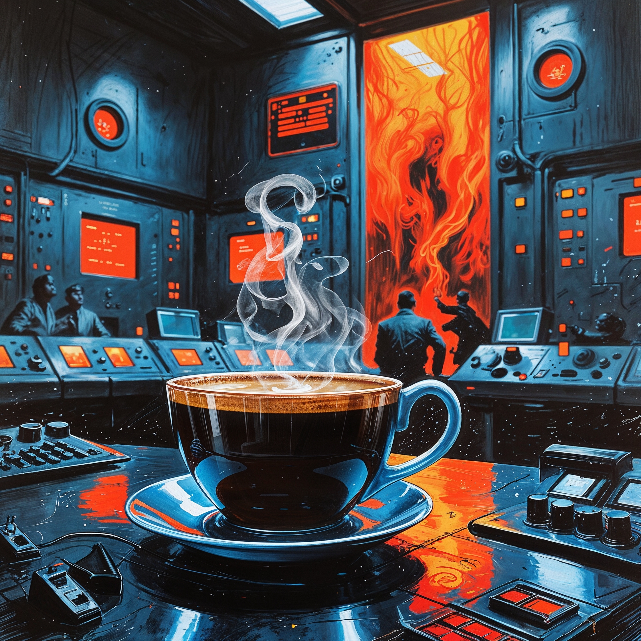 a masterpiece rough color pencil sketch of a dramatic close-up of a steaming coffee cup in the control room, surface rippling like seismic waves from the hail's vibration, surrounded by 1950s sci-fi gadgets with punk graffiti scribbles like bold red Defy the Void on metallic panels, hinting at operators' frantic reactions in the blurred background, in atomic-age illustration style infused with punk grit, vibrant contrasts of deep blues and fiery oranges, symbolizing how the universe's indifference disrupts our fragile human comforts, with visible pencil marks and paper texture, set against a dark grey background with faded control buttons and wires.