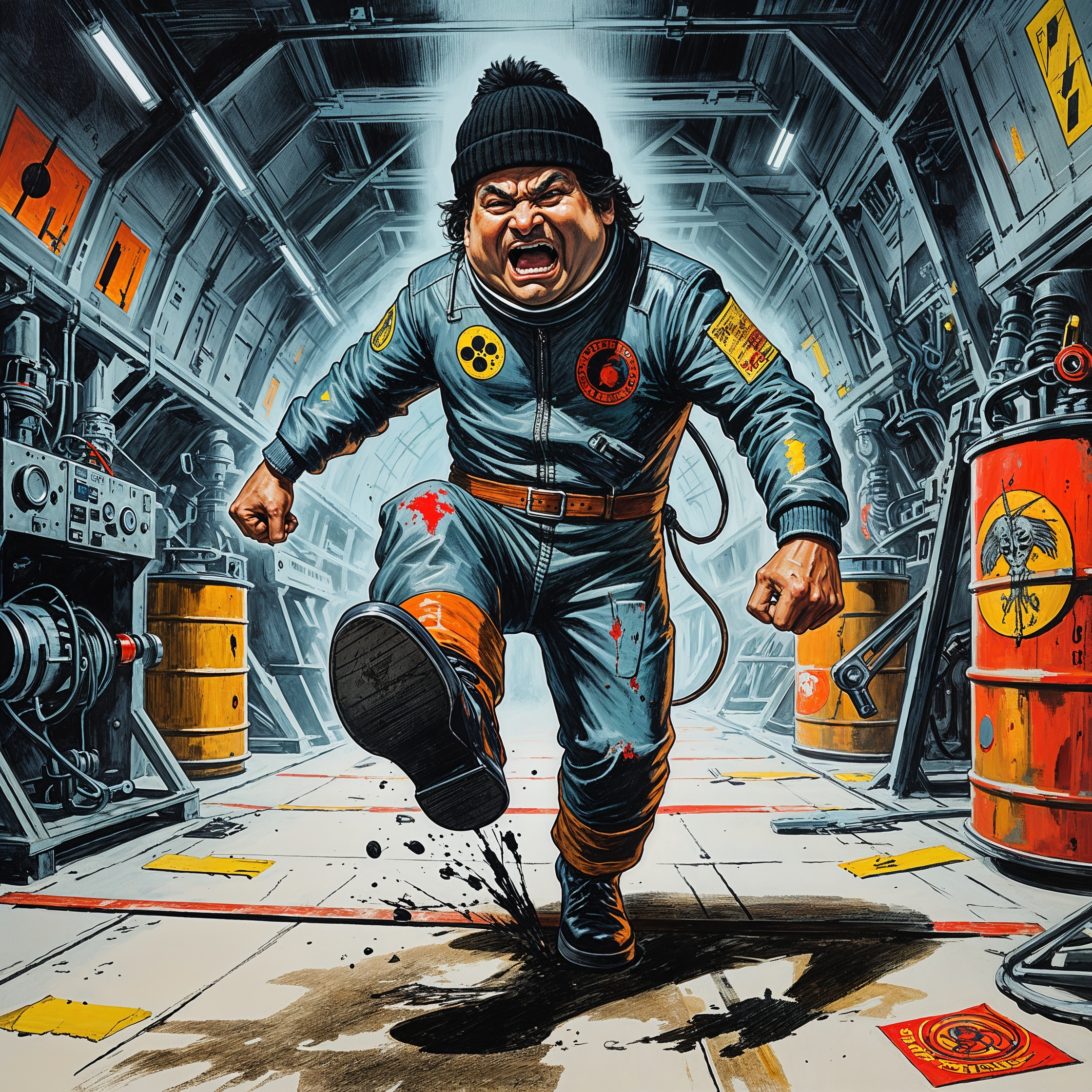 Schuyler, a Mexican man wearing a black beanie with shaggy black hair and a youthful chubby face, dressed in a space age jumpsuit with grease stains and punk rock insignia patches, kicking over empty anti-matter fuel drums in frustration inside a zero-gravity ship dock hangar, surrounded by obsolete machinery and tools, his expression of exaggerated rage, in 1950s atomic sci-fi illustration fused with gritty punk elements like torn fabrics and rebellious stickers, vibrant primaries, philosophical undertones of sidelined talent.