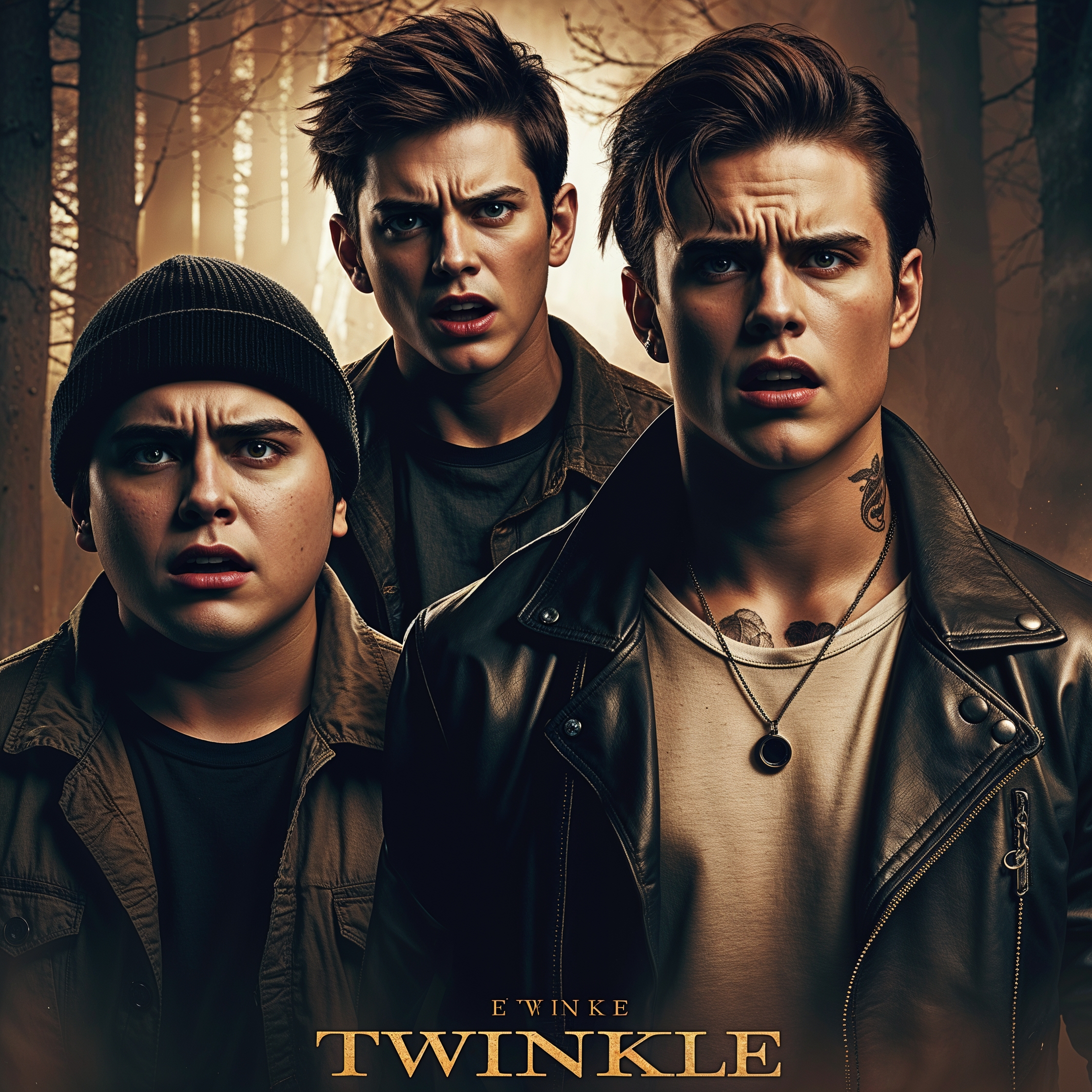 Twinklemovie poster features a Mexican man with a black beanie, shaggy black hair, and a youthful chubby face, reacts with lust. Standing alongside is a skinny white man with shoulder length straight stringy hair, tattoos, and a plain white t-shirt, reacting with seduction. Standing next to him is a chiseled handsome male model-like figure with sharp jawline, light brown hair, piercing blue eyes, and smooth olive skin, wearing a sleek black leather jacket with silver studs, reacting with anger. The artwork takes place in the Twilight universe and features bold lines, vibrant colors, and dynamic shading, evoking adventure, in ultra high resolution, with intricate details and textures, and a sense of dynamic movement, capturing the essence of romantic drama.