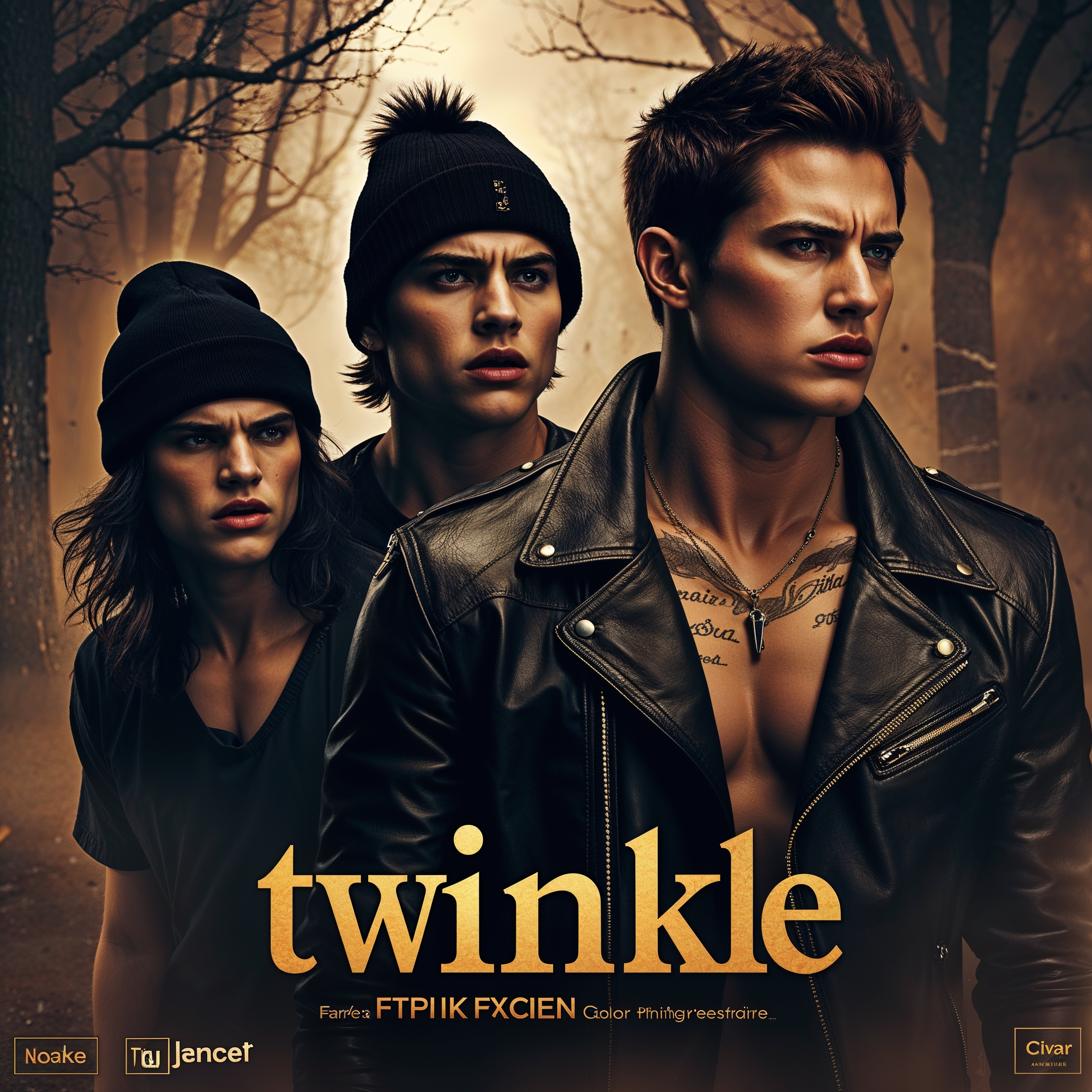 movie poster features a Mexican man with a black beanie, shaggy black hair, and a youthful chubby face, reacts with lust. Standing alongside is a skinny white man with shoulder length straight stringy hair, tattoos, and a plain white t-shirt, reacting with seduction. Standing next to him is a chiseled handsome male model-like figure with sharp jawline, light brown hair, piercing blue eyes, and smooth olive skin, wearing a sleek black leather jacket with silver studs, reacting with anger. The artwork takes place in the Twilight universe and features bold lines, vibrant colors, and dynamic shading, evoking adventure, in ultra high resolution, with intricate details and textures, and a sense of dynamic movement, capturing the essence of romantic drama.