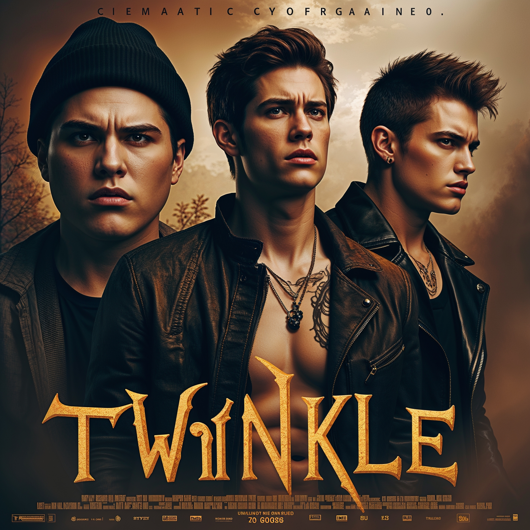 Twinkle, a spinoff of Twilight. The movie poster features a Mexican man with a black beanie, shaggy black hair, and a youthful chubby face, reacts with surprise. Standing alongside is a skinny white man with shoulder length straight stringy hair, tattoos, and a plain white t-shirt, reacting with shock. Standing next to him is a chiseled handsome male model-like figure with sharp jawline, light brown hair, piercing blue eyes, and smooth olive skin, wearing a sleek black leather jacket with silver studs, reacting with anger. The artwork features bold lines, vibrant colors, and dynamic shading, evoking adventure, in ultra high resolution, with intricate details and textures, and a sense of dynamic movement, capturing the essence of teen drama.