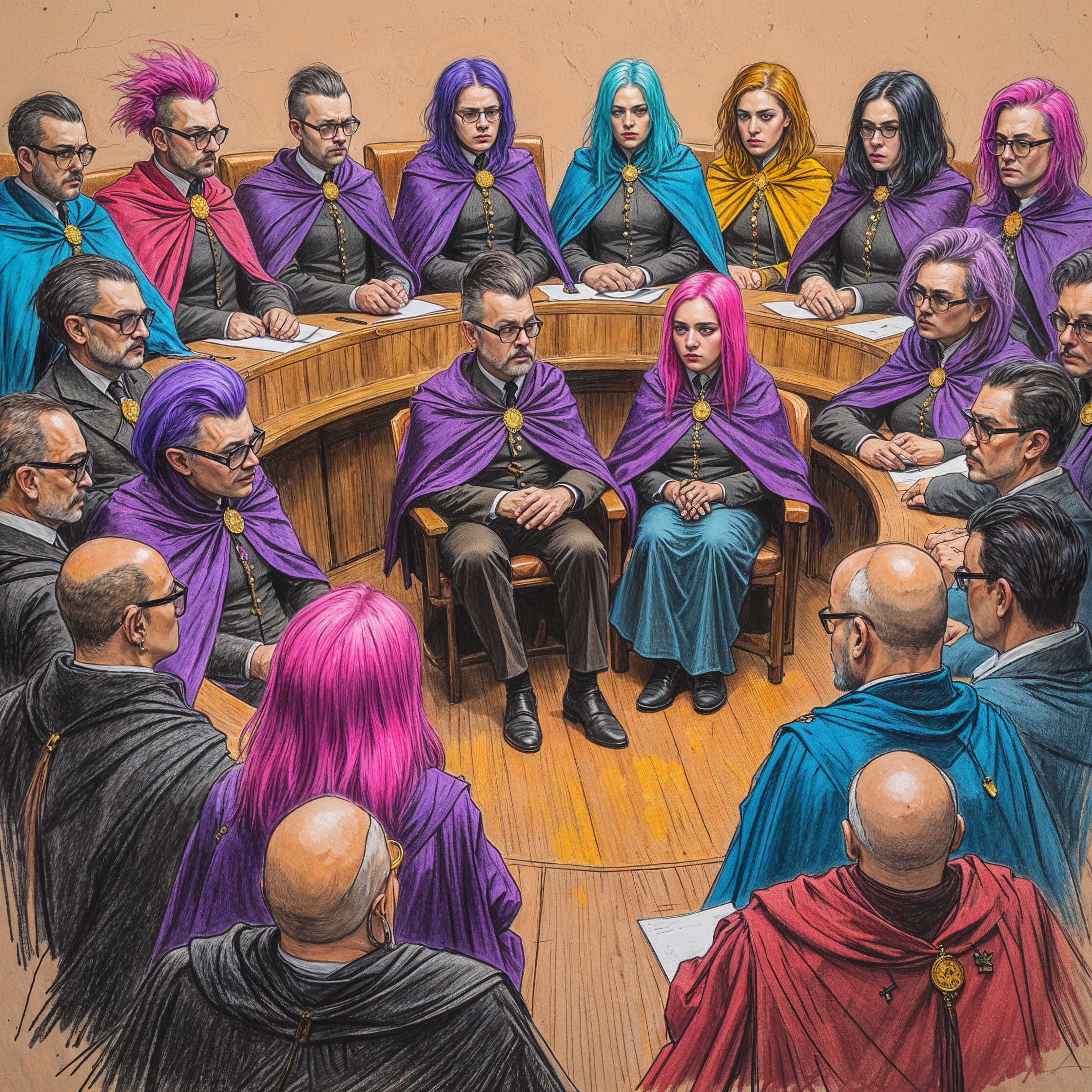 a vibrant rough color pencil sketch of a tyrannical government in session, with a racially diverse parliament sitting in a grand chamber, their stoic faces judging the masses, adorned in elaborate rainbow cloaks with intricate patterns, featuring a mix of purple, pink, and blue hair, most officials wear black rimmed glasses and have sleek nose rings, their facial features vary from soft to sharp, with diverse skin tones, the pencil marks are expressive and textured, the paper texture is rough and visible, with hints of eraser marks and smudges, capturing the essence of a oppressive regime.