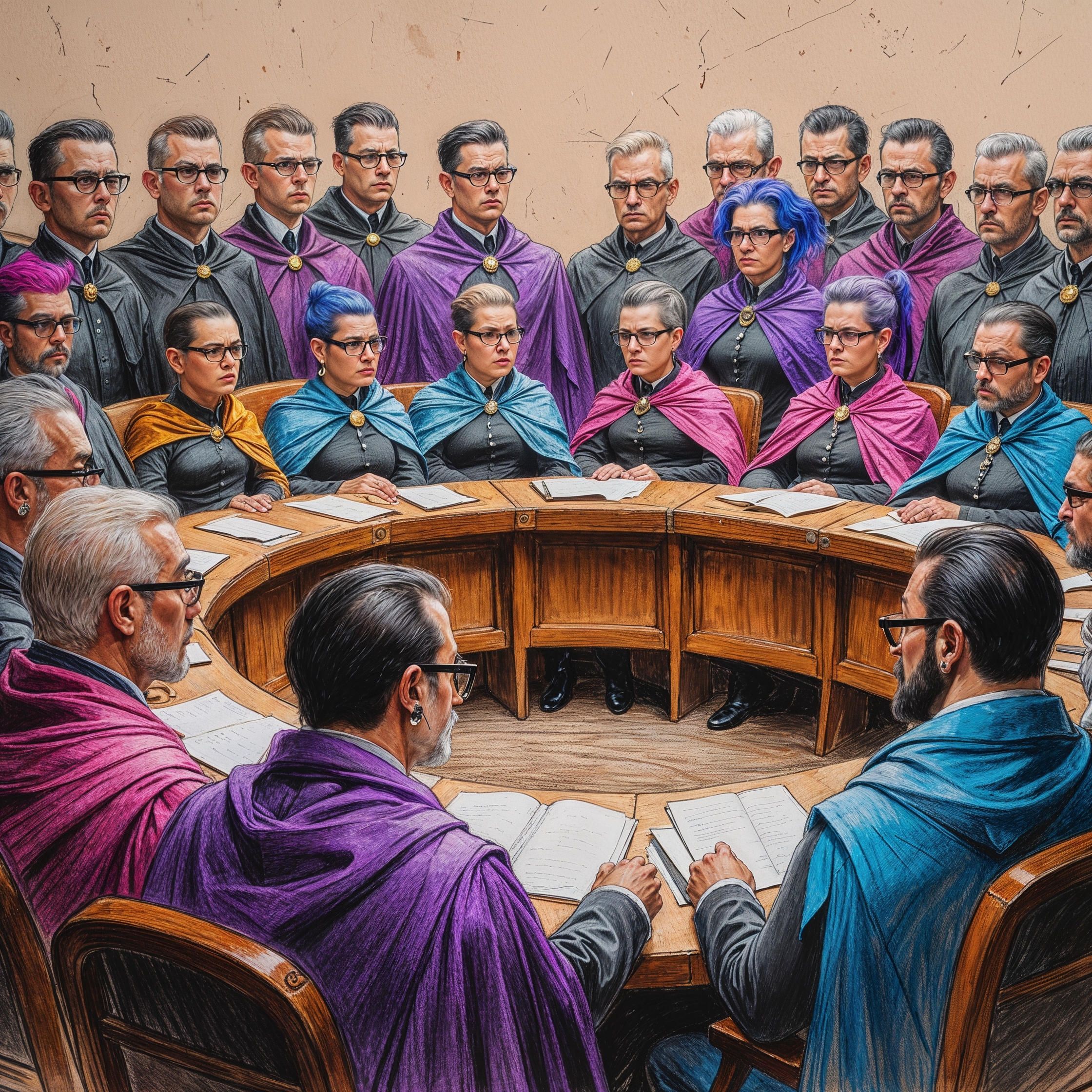 A detailed rough color pencil sketch of a tyrannical government in session, with parliament members sitting in a semicircle, their stoic faces conveying judgment upon the masses, a diverse group of officials dressed in similar attire, adorned with rainbow cloaks, showcasing a vibrant mix of purple, pink, and blue hair, most wearing black-rimmed glasses and sporting nose rings, with varying skin tones and facial features, set against a textured paper background, with visible pencil marks and shading, capturing the essence of a oppressive regime, with a blend of warm and cool colors, and a sense of unease emanating from the scene.