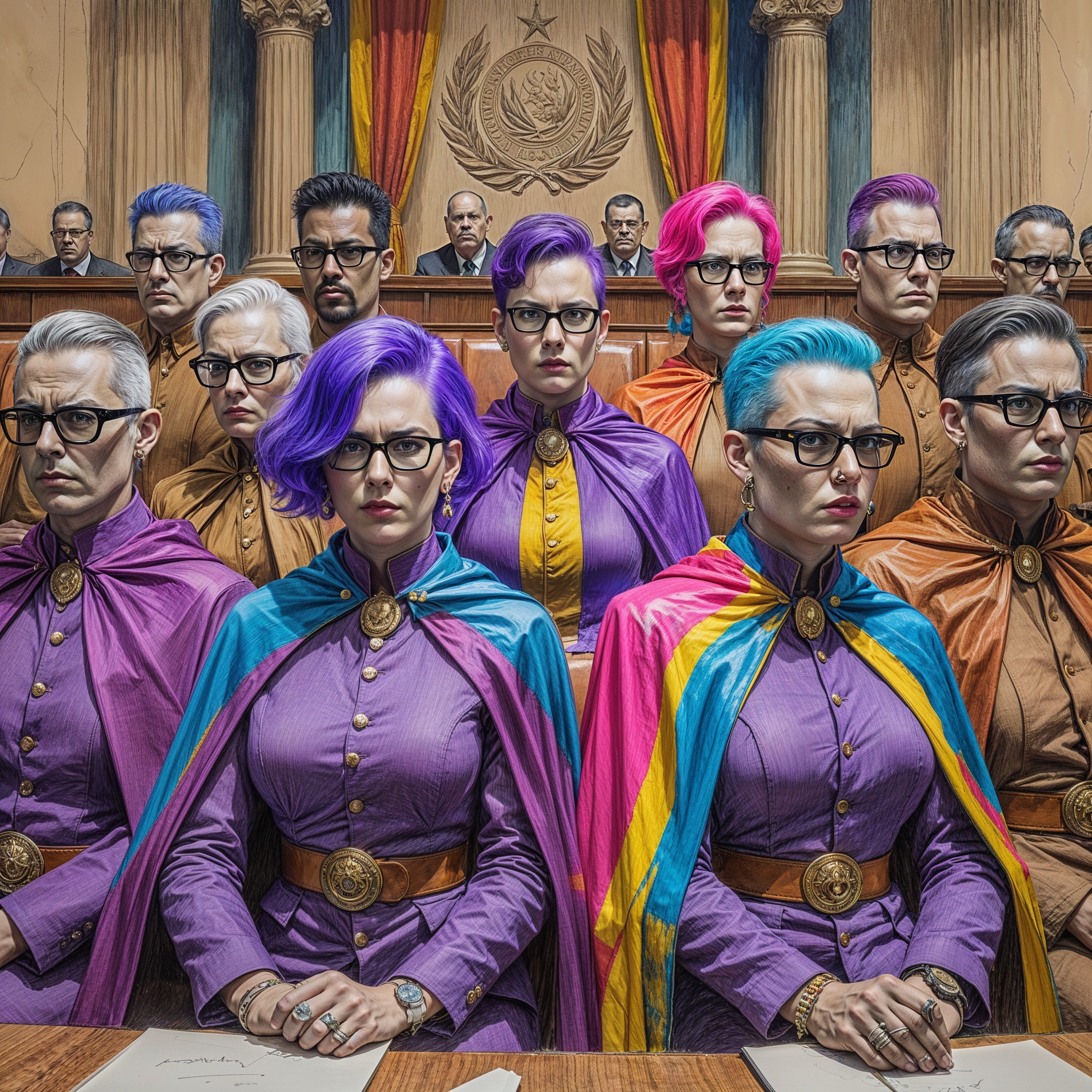 a highly detailed rough color pencil sketch of a tyrannical government in session, where parliament sits with stern stoic faces, judging the masses with an air of superiority, comprised of racially diverse officials dressed in similar attire, adorned with vibrant rainbow cloaks, showcasing a mix of bold purple, bright pink, and sky blue hair, with most members wearing black rimmed glasses and sporting nose rings, set against a backdrop of pencil marks and visible paper texture, with a blend of warm and cool colors, and a sense of depth and dimensionality, capturing the essence of a corrupt and oppressive regime.