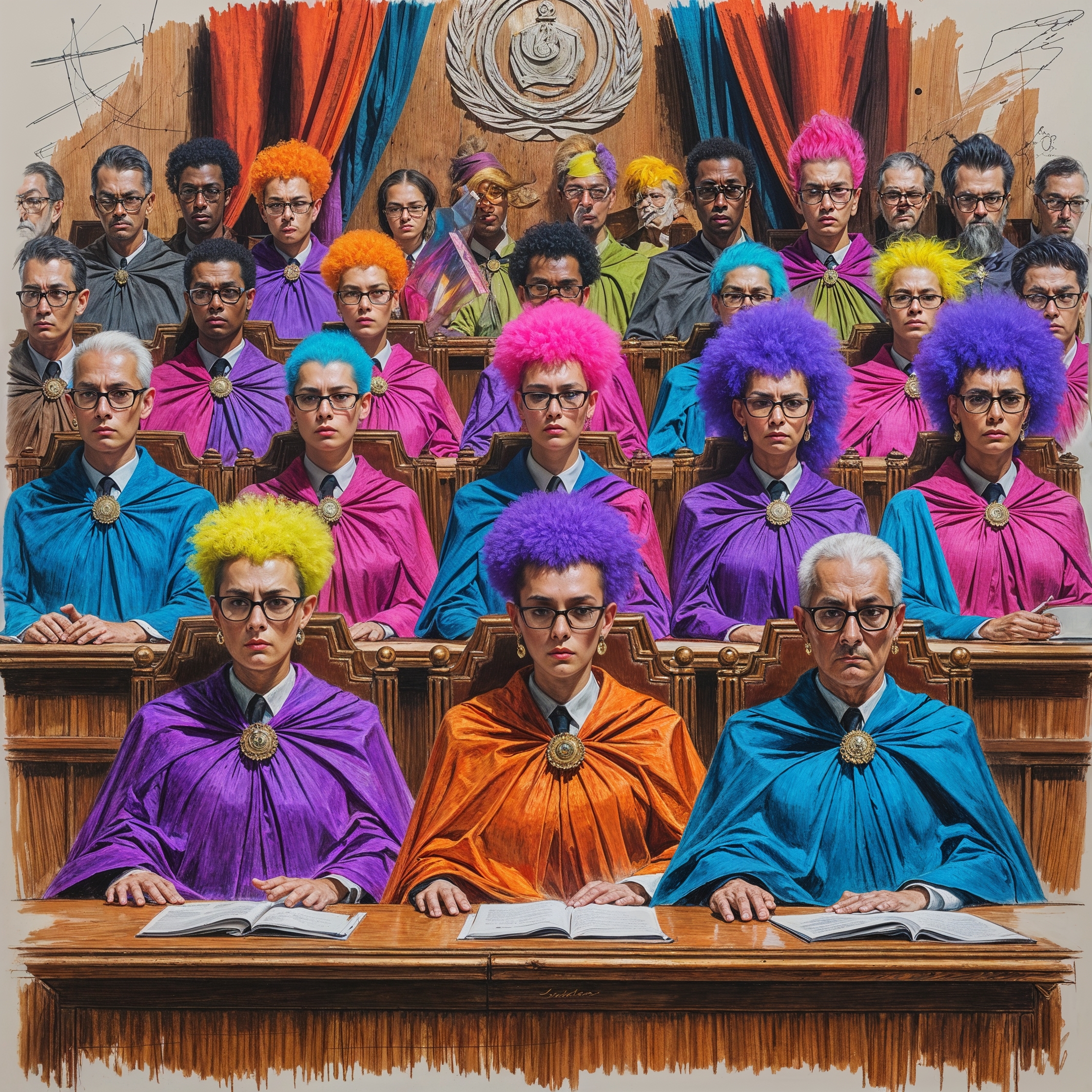 a highly detailed rough color pencil sketch of a tyrannical government in session, parliament members sit with stoic faces, judging the masses with an air of superiority, these officials are dressed in similar attire, wearing vibrant rainbow cloaks with intricate folds and textures, their hair is a mix of purple, pink, and blue hues, most wear black rimmed glasses perched on the bridge of their noses and have bold nose rings, the pencil marks are visible and expressive, the paper texture is rough and evident, the overall atmosphere is one of oppression and judgment, the officials' facial features are stern and unyielding, with sharp jawlines and piercing eyes.