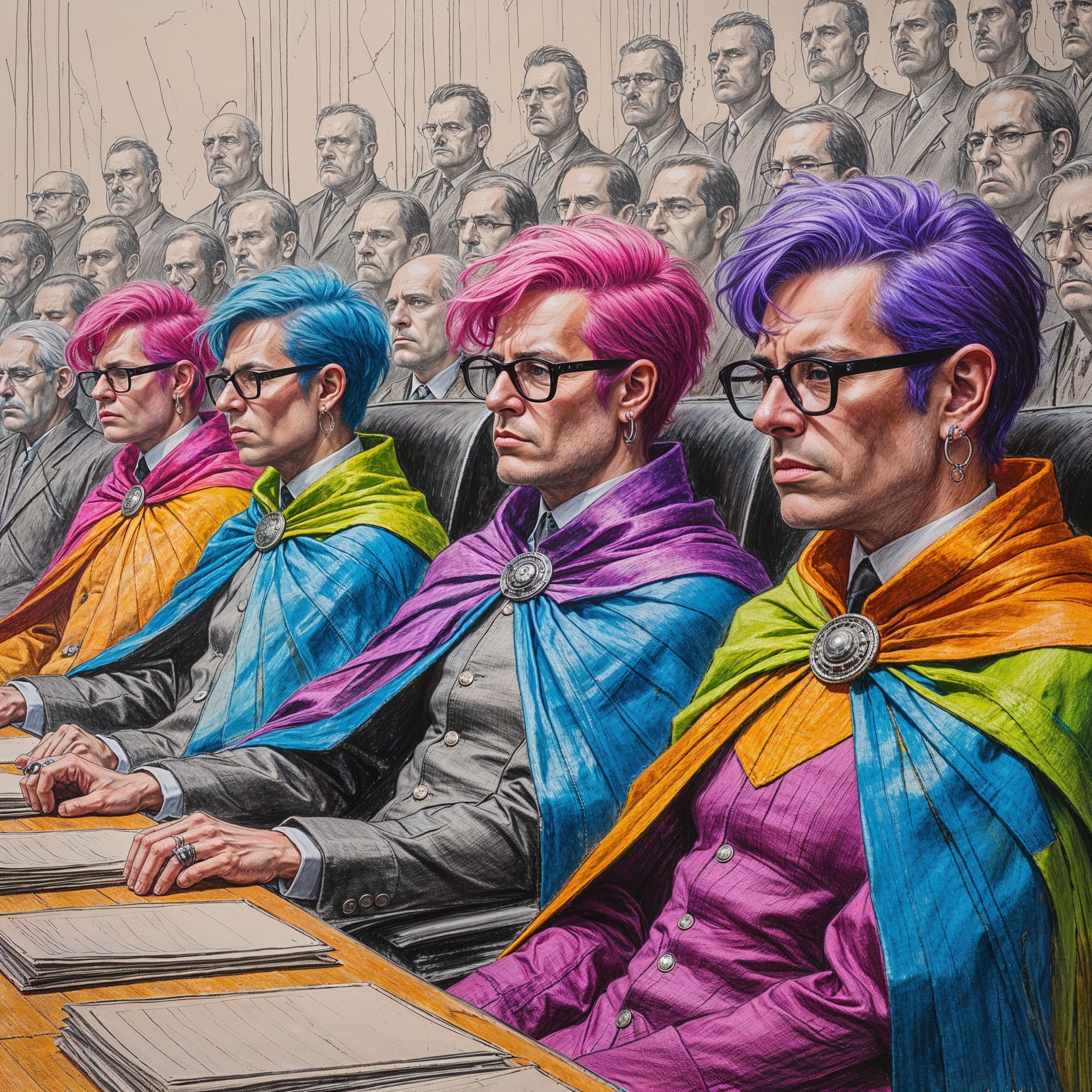 A detailed rough color pencil sketch of a tyrannical government in session, with parliament members sitting in a semicircle, their stoic faces conveying judgment upon the masses, a diverse group of officials dressed in similar attire, adorned with rainbow cloaks, showcasing a vibrant mix of purple, pink, and blue hair, most wearing black-rimmed glasses and sporting nose rings, with varying skin tones and facial features, set against a textured paper background, with visible pencil marks and shading, capturing the essence of a oppressive regime, with a blend of warm and cool colors, and a sense of unease emanating from the scene.