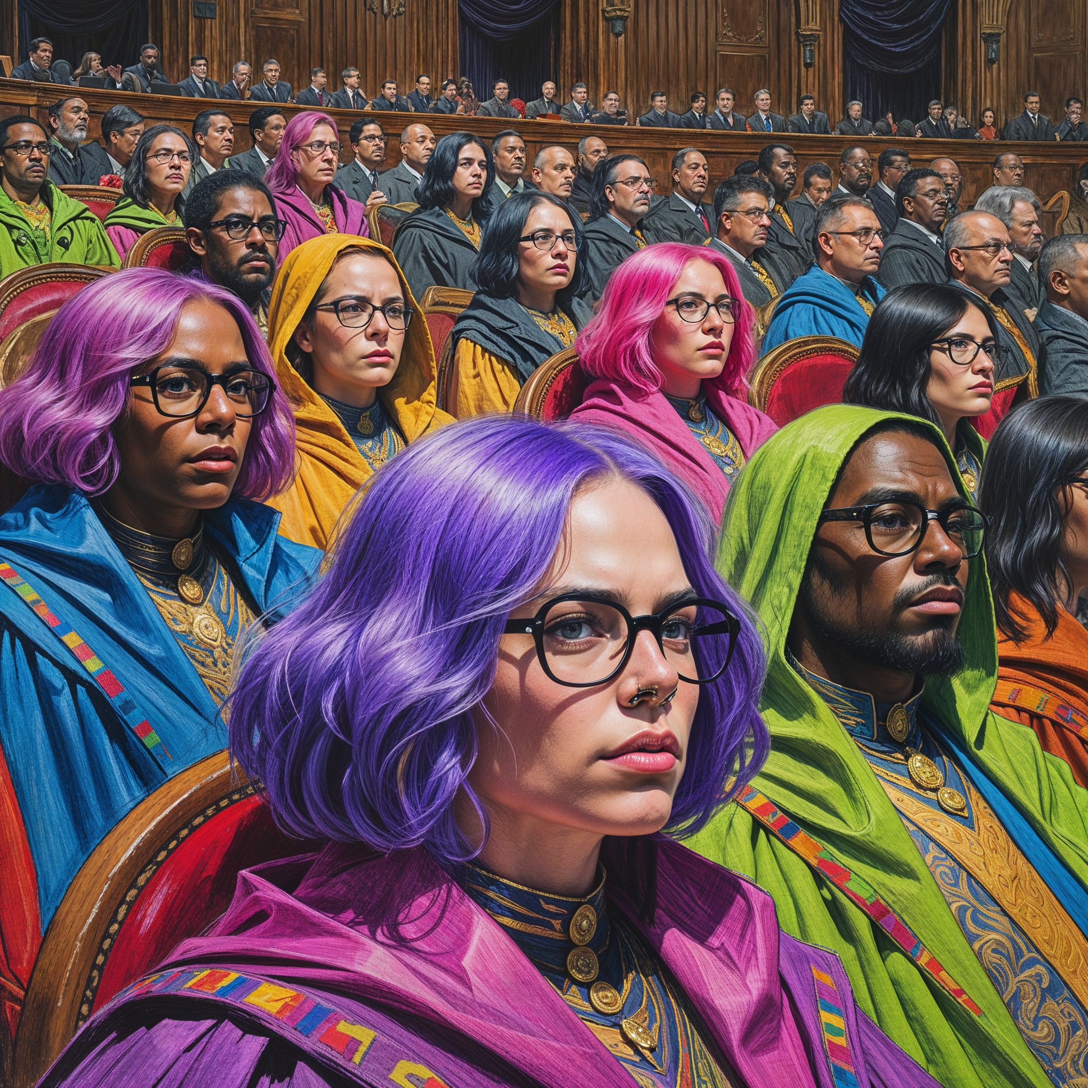A detailed rough color pencil sketch of a tyrannical government in session, with parliament members sitting in a semicircle, their stoic faces conveying judgment upon the masses, a diverse group of officials dressed in similar attire, adorned with rainbow cloaks, showcasing a vibrant mix of purple, pink, and blue hair, most wearing black-rimmed glasses and sporting nose rings, with varying skin tones and facial features, set against a textured paper background, with visible pencil marks and shading, capturing the essence of a oppressive regime, with a blend of warm and cool colors, and a sense of unease emanating from the scene.