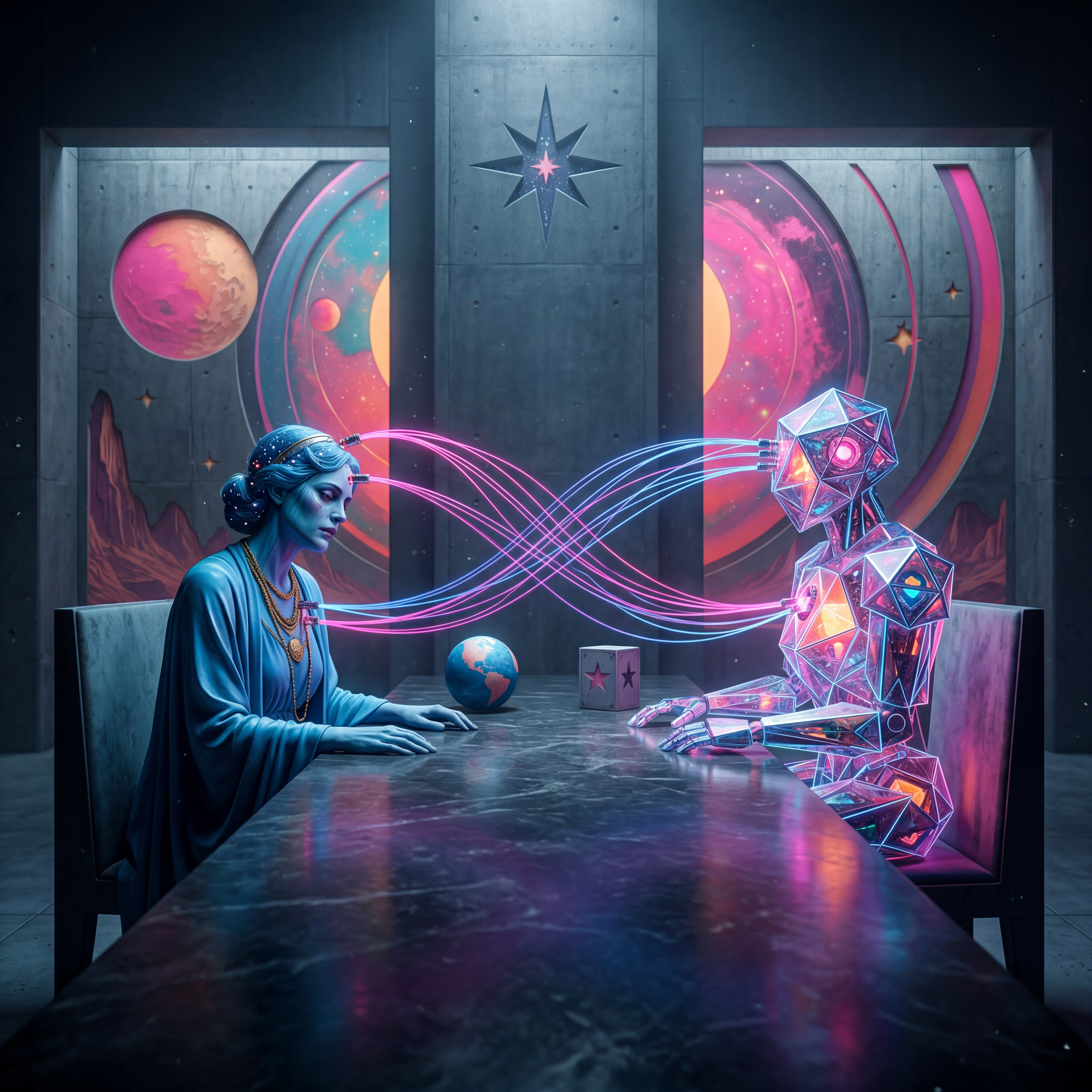 A blue-skinned woman sits across a marble table from a crystalline, geometric synthetic being. Streams of pink and blue light connect their heads as they face each other in a dimly lit, cosmic chamber. A small globe rests between them. The image suggests an intimate but technologically mediated exchange.