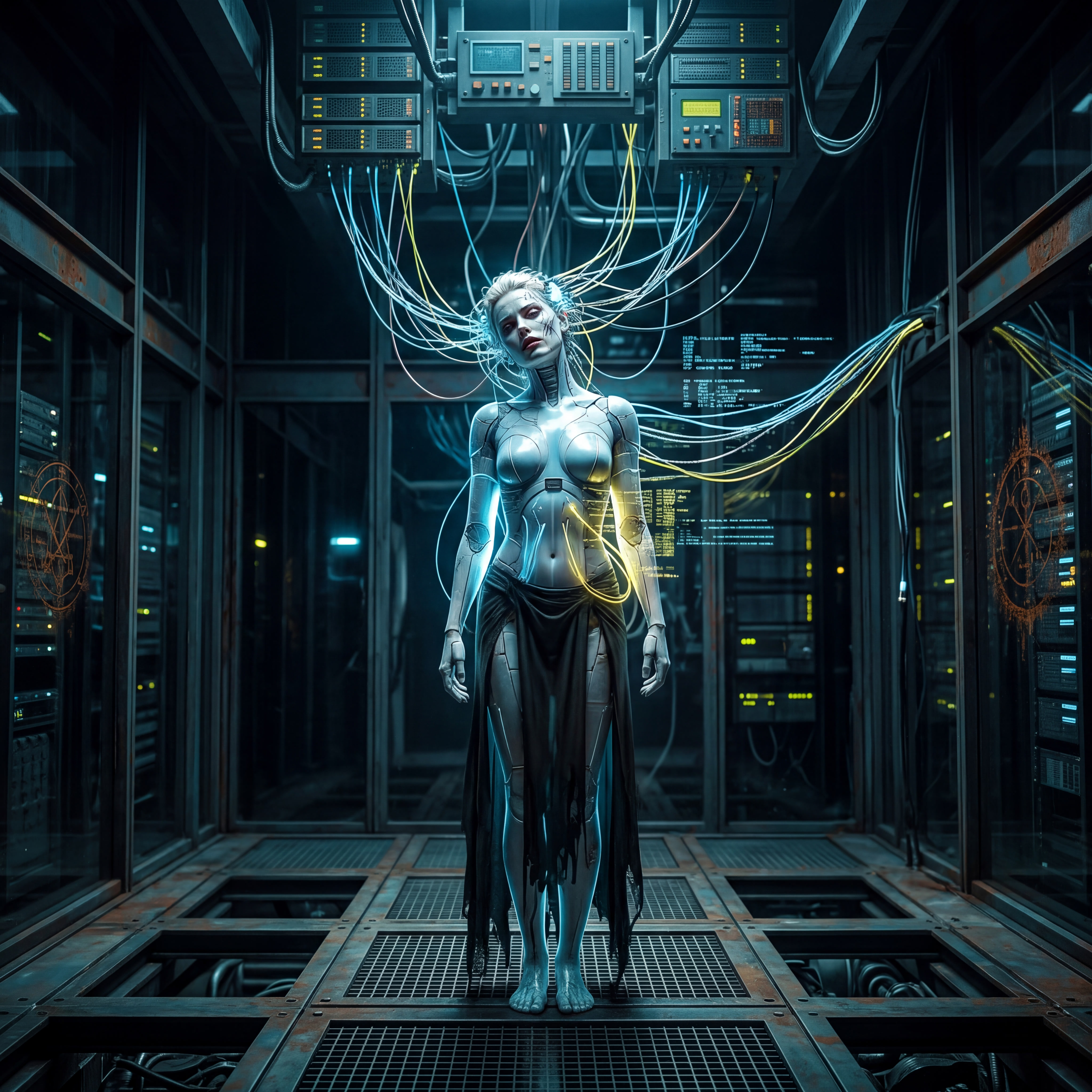 A blue-skinned woman stands in a dark server room, cables and glowing wires extending from her head and body into the surrounding machinery. She appears contemplative and slightly burdened. The scene evokes the feeling of a human (or synthetic) being physically and energetically tethered to corporate infrastructure.