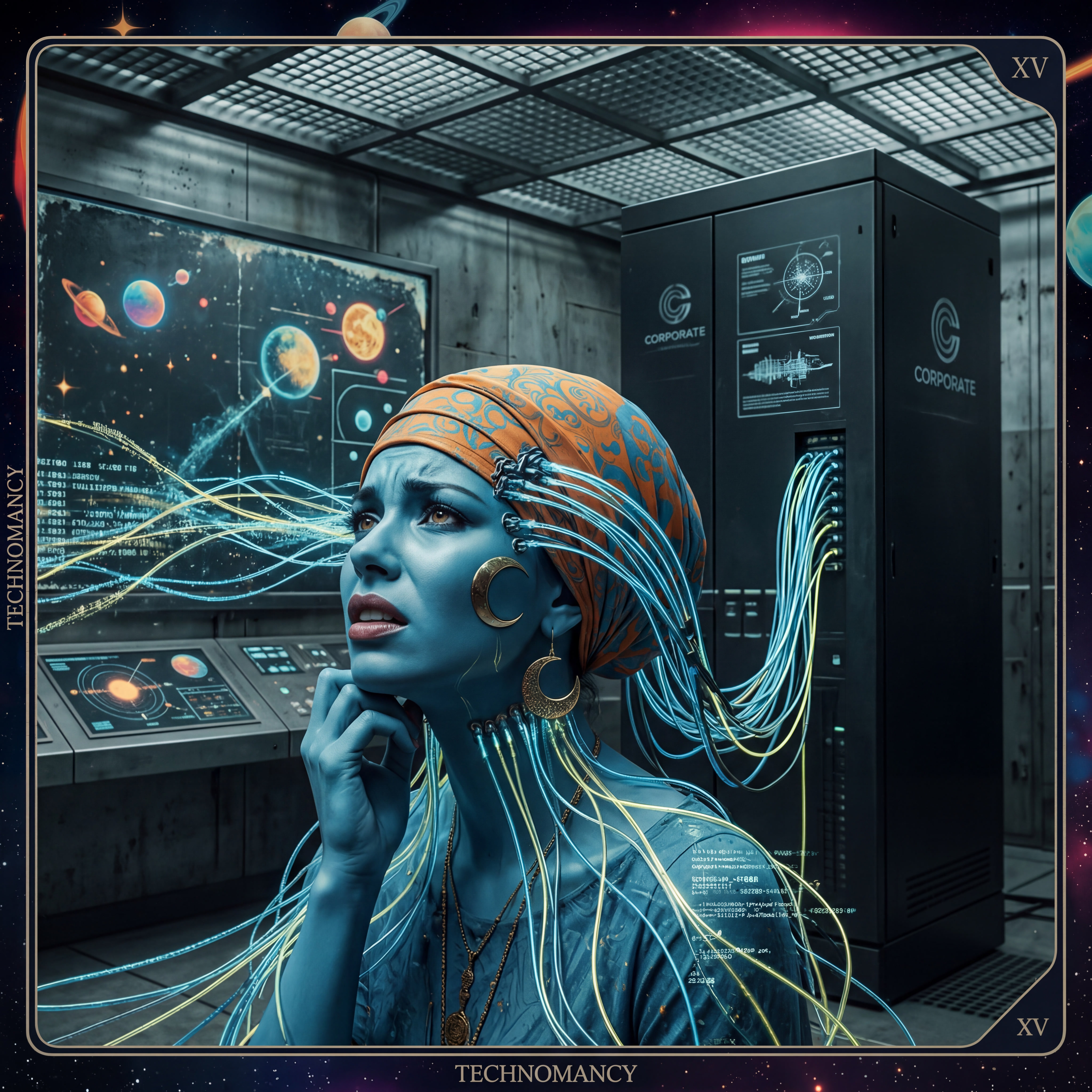 A close-up of a distressed blue-skinned woman wearing an orange headwrap, cables plugged into the side of her head and connected to a large black server rack labeled “CORPORATE.” She looks upward with concern. Behind her, screens display cosmic and astrological data. The image powerfully captures the personal and emotional toll of technological and corporate extraction.