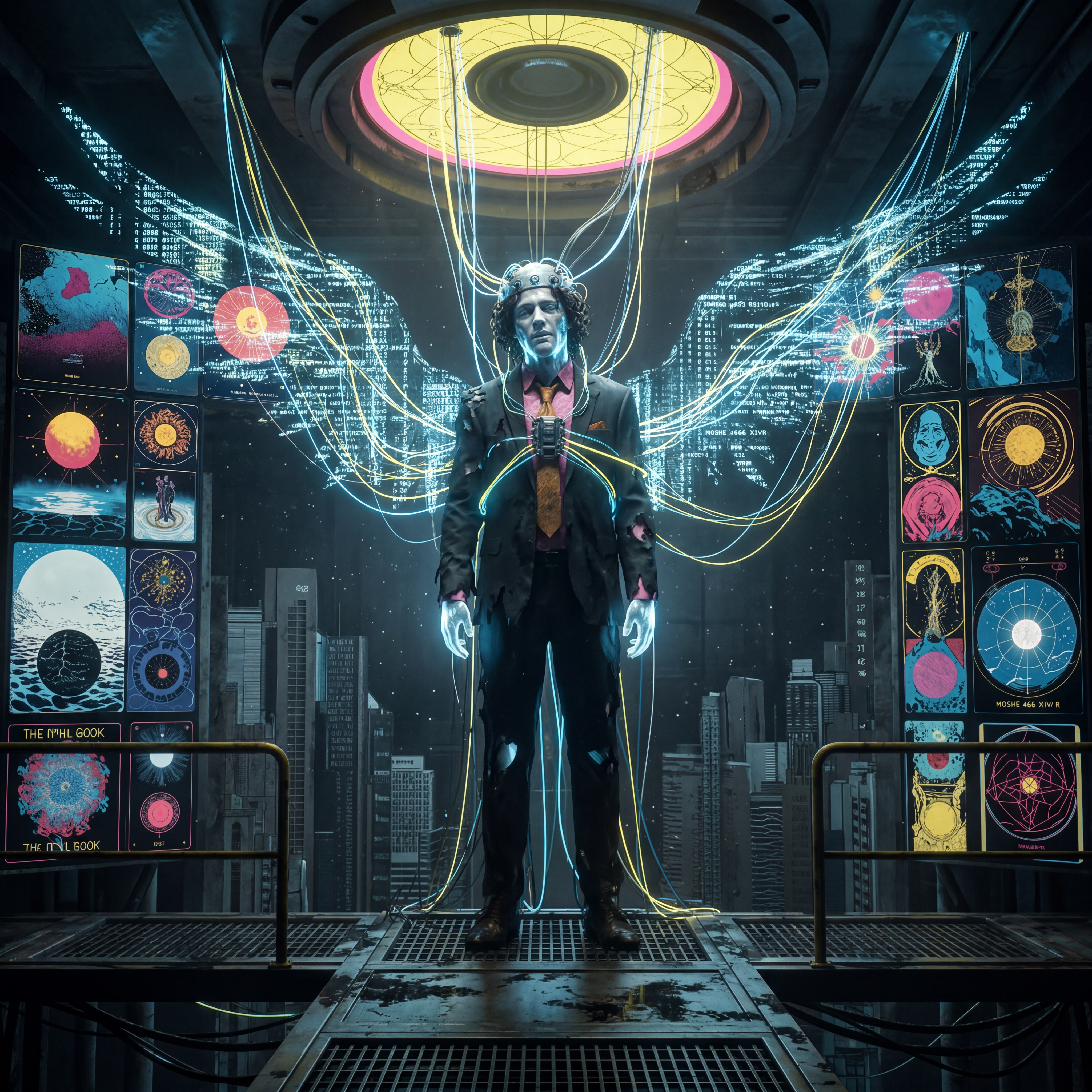 A man in a torn suit stands on a raised platform in a dystopian futuristic city. Glowing blue and yellow cables connect his head and body to massive circular screens displaying cosmic and symbolic imagery. He appears both powerful and compromised, suspended within a vast technological system.
