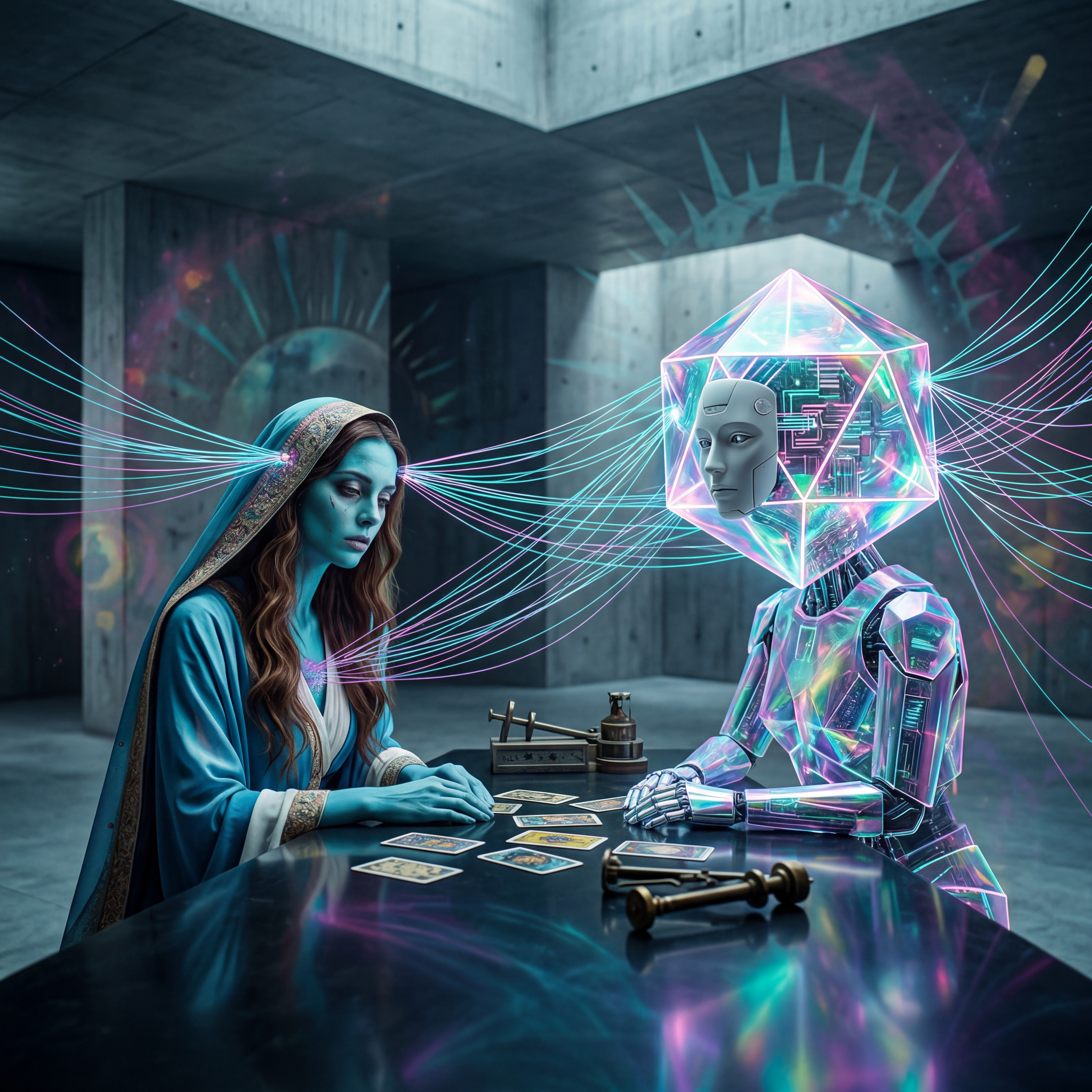 A blue-skinned woman in a hooded blue robe sits across a dark table from a luminous, crystalline robotic figure. Streams of cyan and magenta light connect their heads as they face each other in a vast, dimly lit concrete space. Tarot cards lie scattered between them. The image evokes a tense, almost divinatory exchange between human intuition and synthetic intelligence.