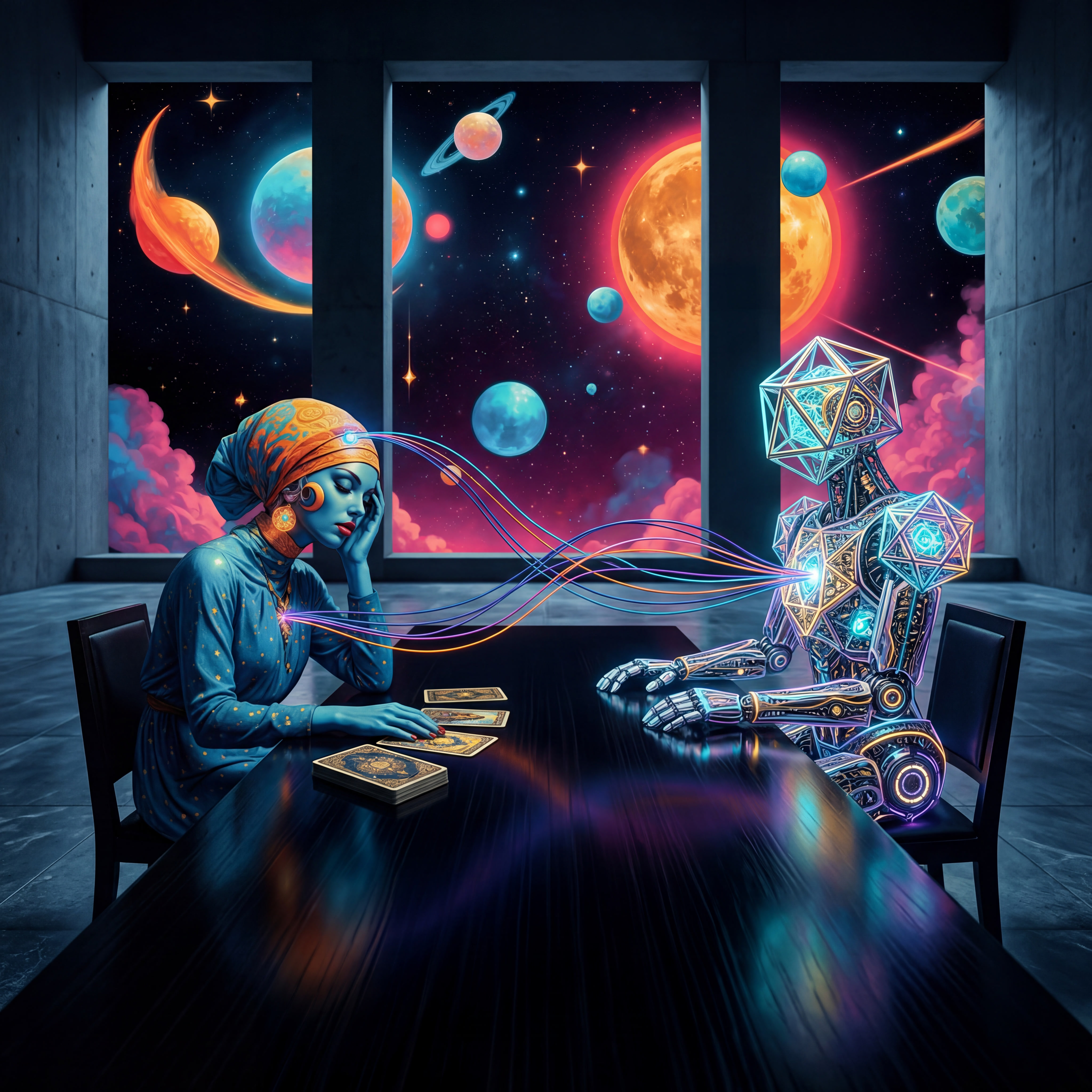 In a dark, reflective room, a woman in a dark top and patterned headwrap sits across from a translucent, holographic robotic figure. Thin streams of light connect their heads as they regard each other in silence. The glossy black table catches distorted reflections of the cosmic environment. The image feels intimate, quiet, and slightly haunting.