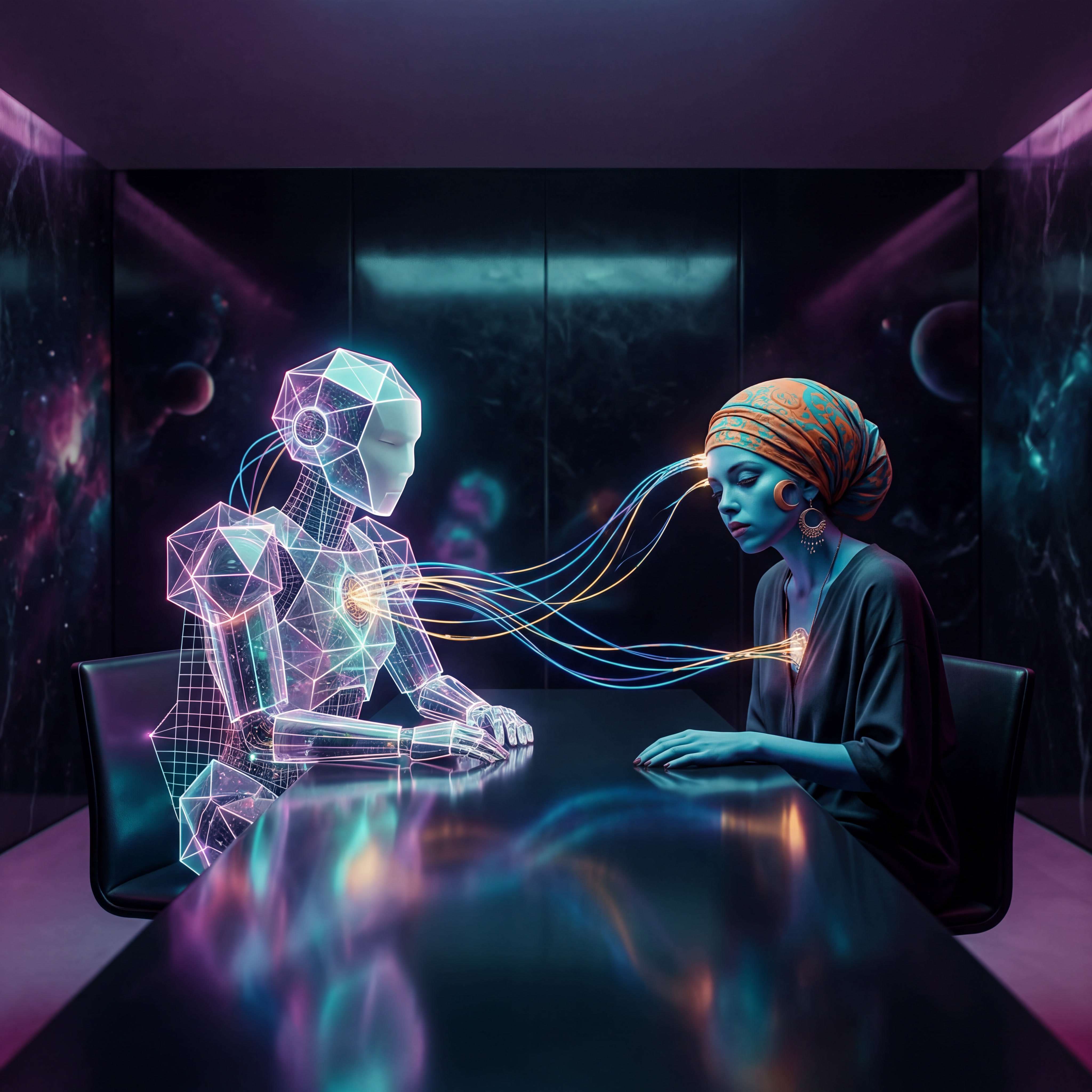 A woman wearing an ornate orange headwrap sits at a long table across from a glowing, geometric robotic figure. Streams of light flow between their heads against a dramatic cosmic backdrop visible through large windows. Tarot cards rest on the table between them. The scene suggests a moment of deep, technologically mediated communion or confrontation.