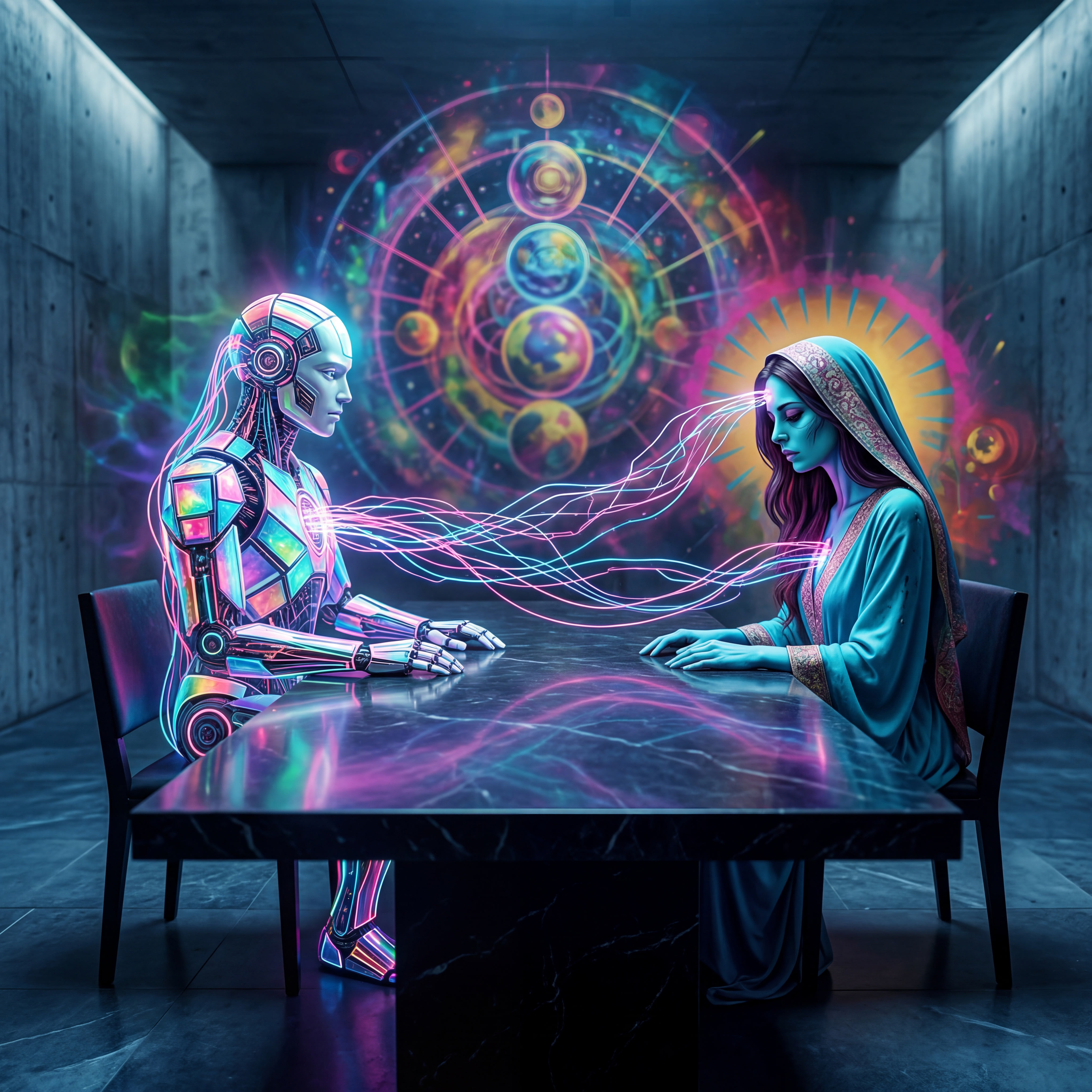 A luminous, multicolored robotic figure sits across from a blue-skinned woman in ornate blue robes. Streams of pink and blue energy flow between their heads in a vast, dimly lit concrete space. A glowing cosmic mandala hovers behind them. The image suggests a charged, almost ritualistic exchange between human intuition and synthetic intelligence.