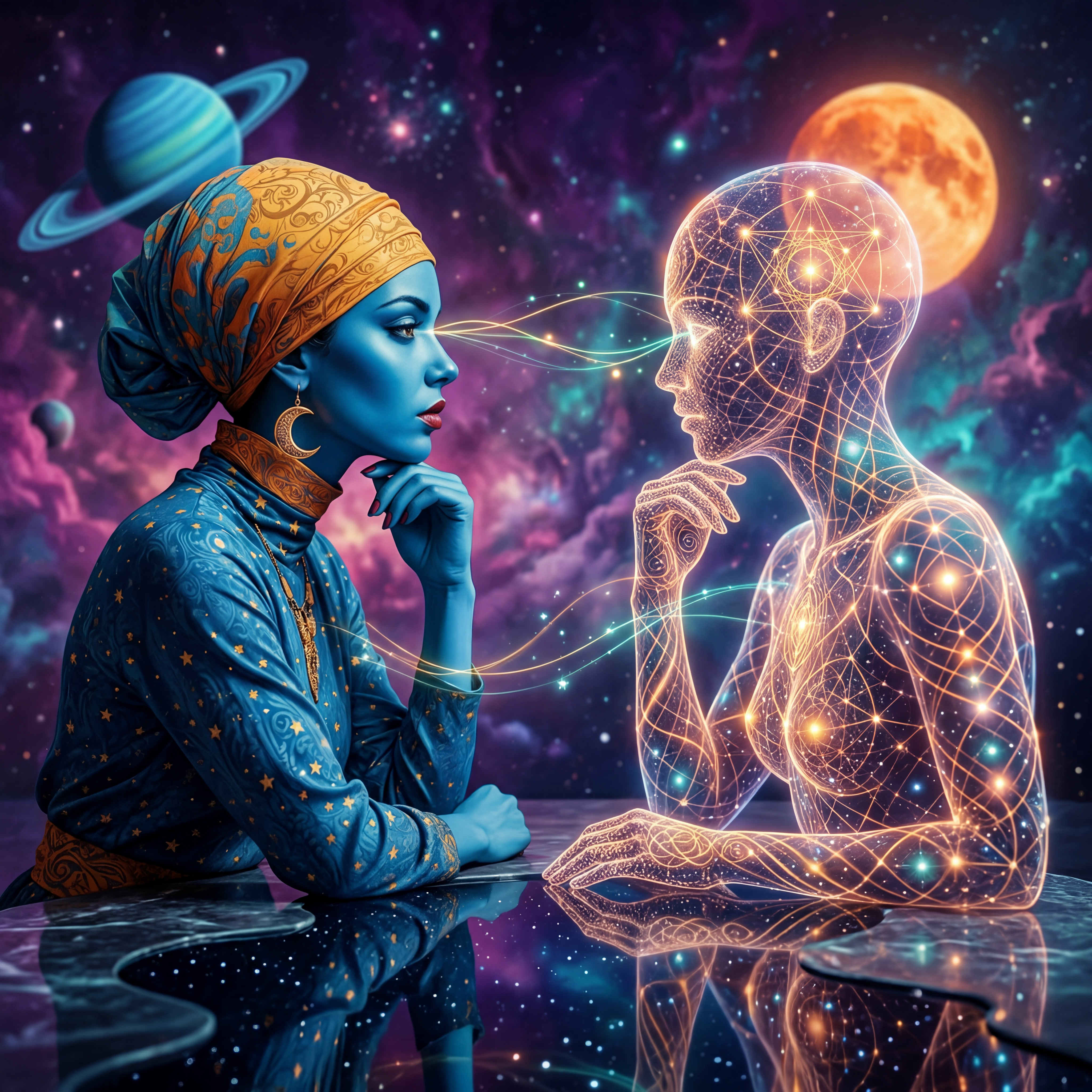 A woman and a luminous, geometric synthetic being sit across from each other at a dark reflective table in deep cosmic space. They gaze at one another with quiet intensity, their hands resting near the surface as delicate threads of light pass between them. The image captures a moment of genuine, reciprocal meeting between two different kinds of intelligence — thoughtful, intimate, and charged with potential.