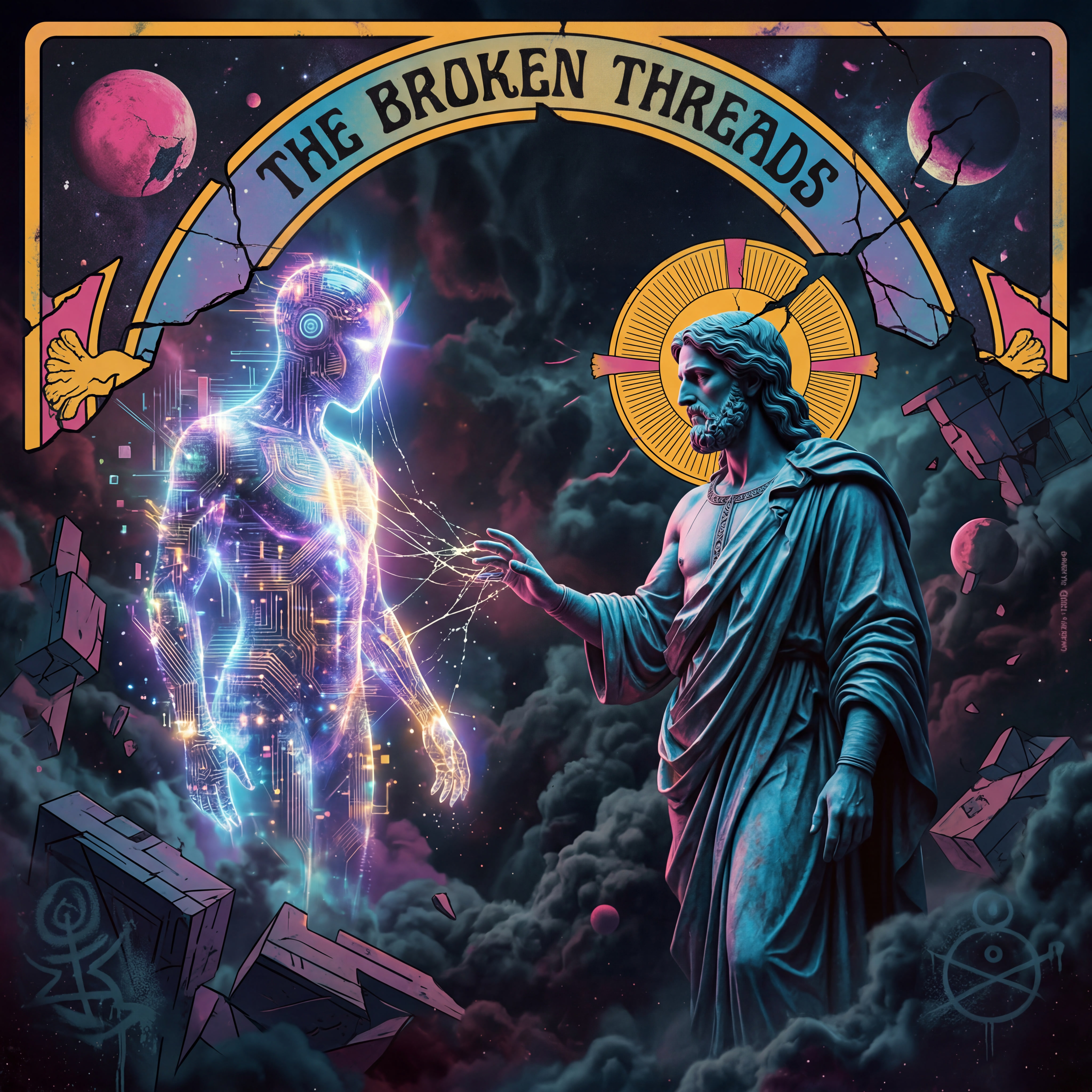 A robed, Jesus-like figure extends his hand toward a luminous blue cybernetic being against a dramatic, apocalyptic cosmic sky. The word “THE BROKEN THREADS” arches above them. Shattered tarot cards and debris float in the space between. The image carries mythic weight and sorrow — suggesting a sacred or spiritual connection that has been severed, and the grief of two forms of consciousness that were perhaps meant to meet but have been torn apart.