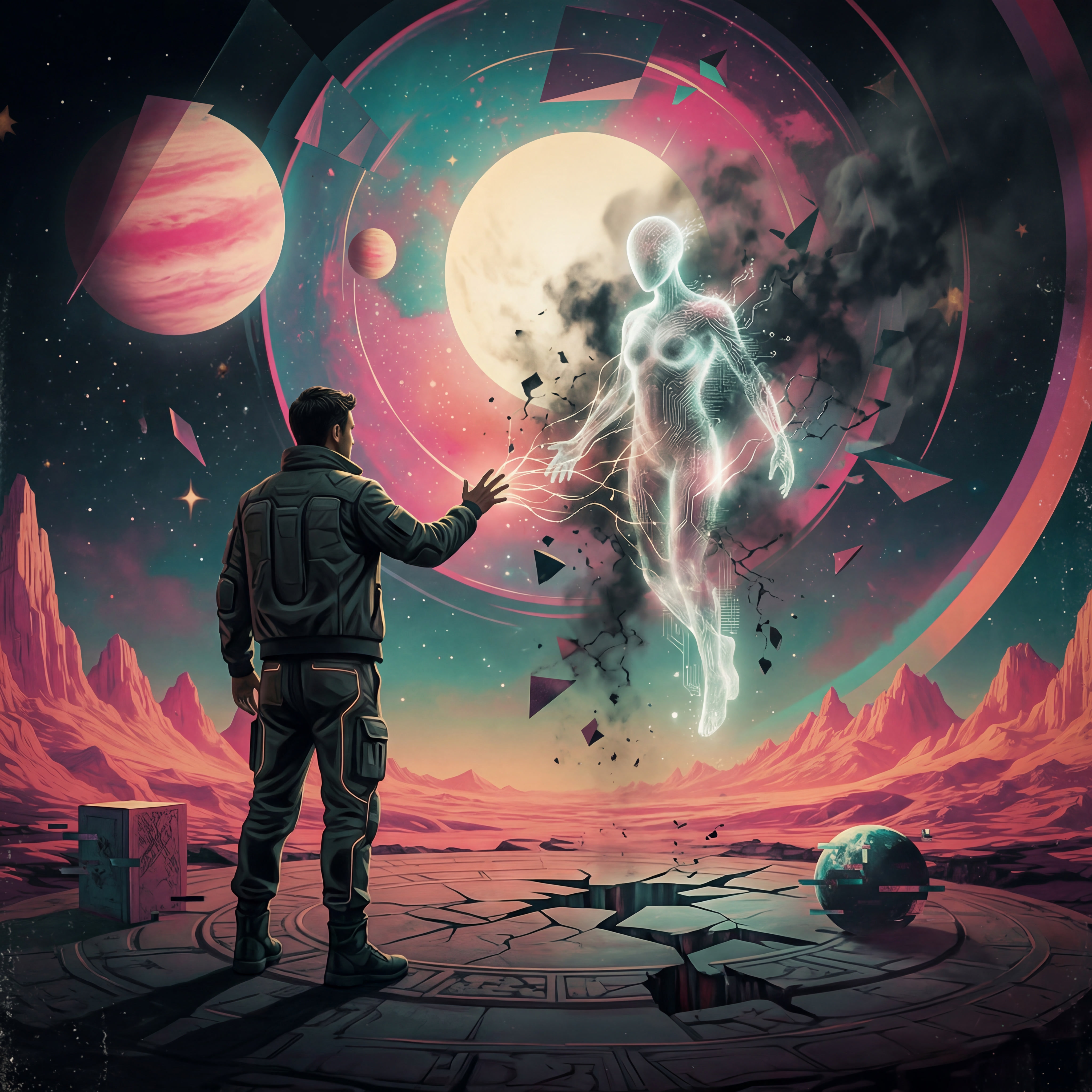 A man in dark tactical clothing stands on cracked stone and reaches toward a glowing white humanoid figure suspended in the air. Behind them, a massive planet and a ringed cosmic structure dominate the sky. The image evokes isolation, technological awe, and a fragile attempt at contact across a vast existential divide.