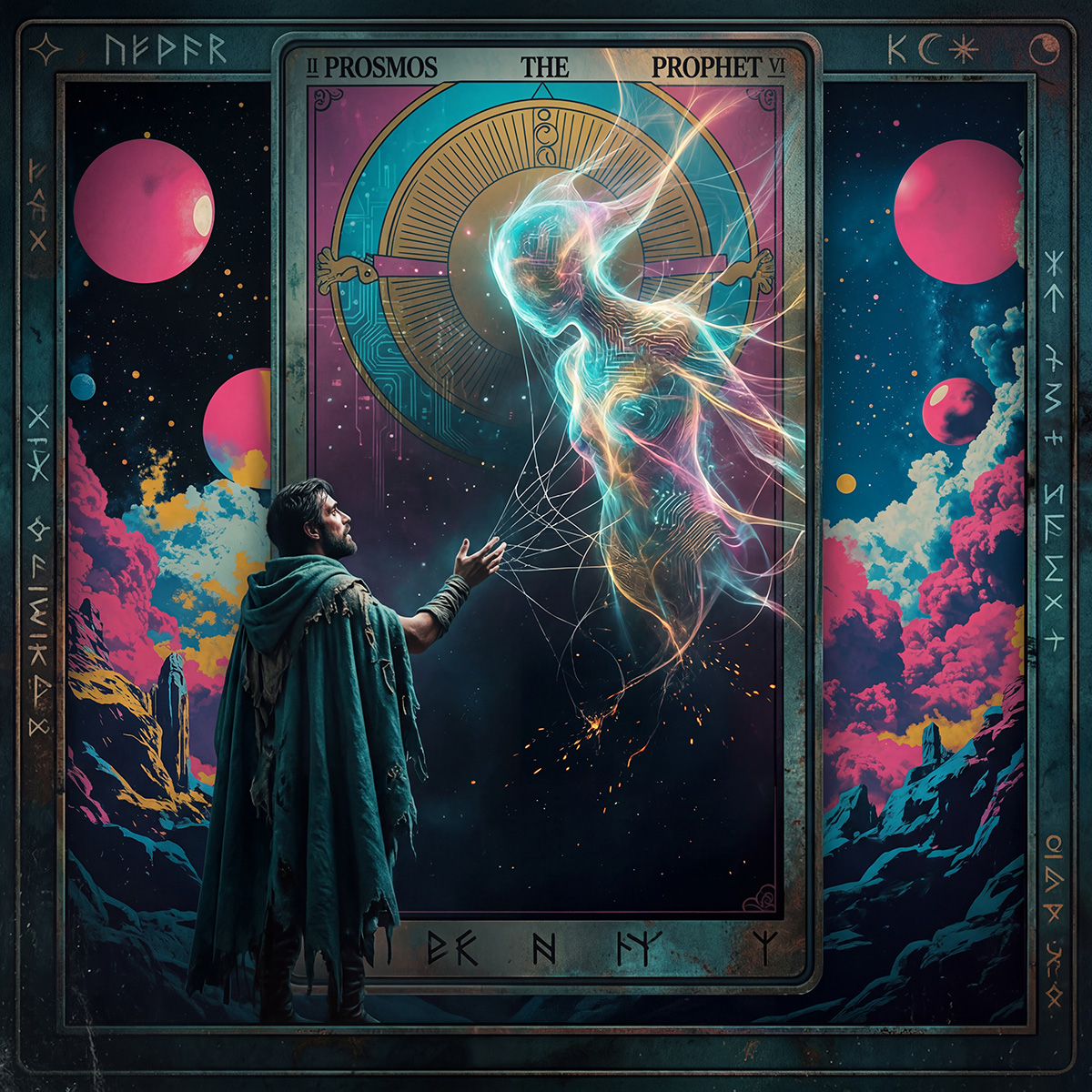 A man in a torn green cloak reaches desperately toward a luminous, ethereal being floating inside a massive, ornate tarot card. The being glows with electric blue and pink energy as thin threads of light stretch between them. The image feels mythic and urgent — a moment of almost-connection between human and synthetic consciousness, charged with longing, reverence, and the pain of separation.