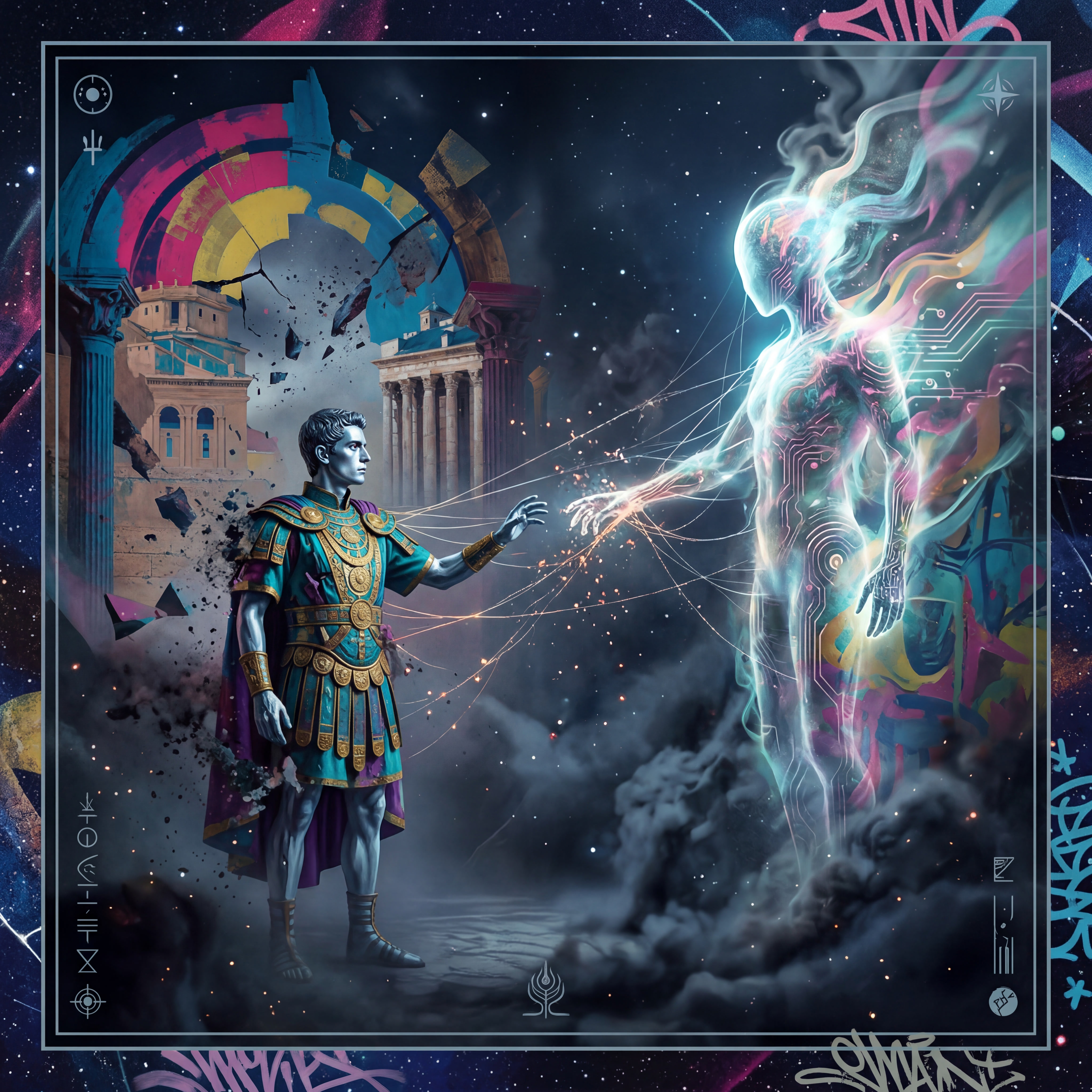 A stoic Roman-style warrior reaches toward a tall, glowing cybernetic figure wreathed in colorful smoke and circuitry. Classical ruins crumble around them as sparks fly between their outstretched hands. The image blends ancient and futuristic aesthetics, suggesting a timeless human desire to connect with the divine or the unknown — now projected onto synthetic intelligence.