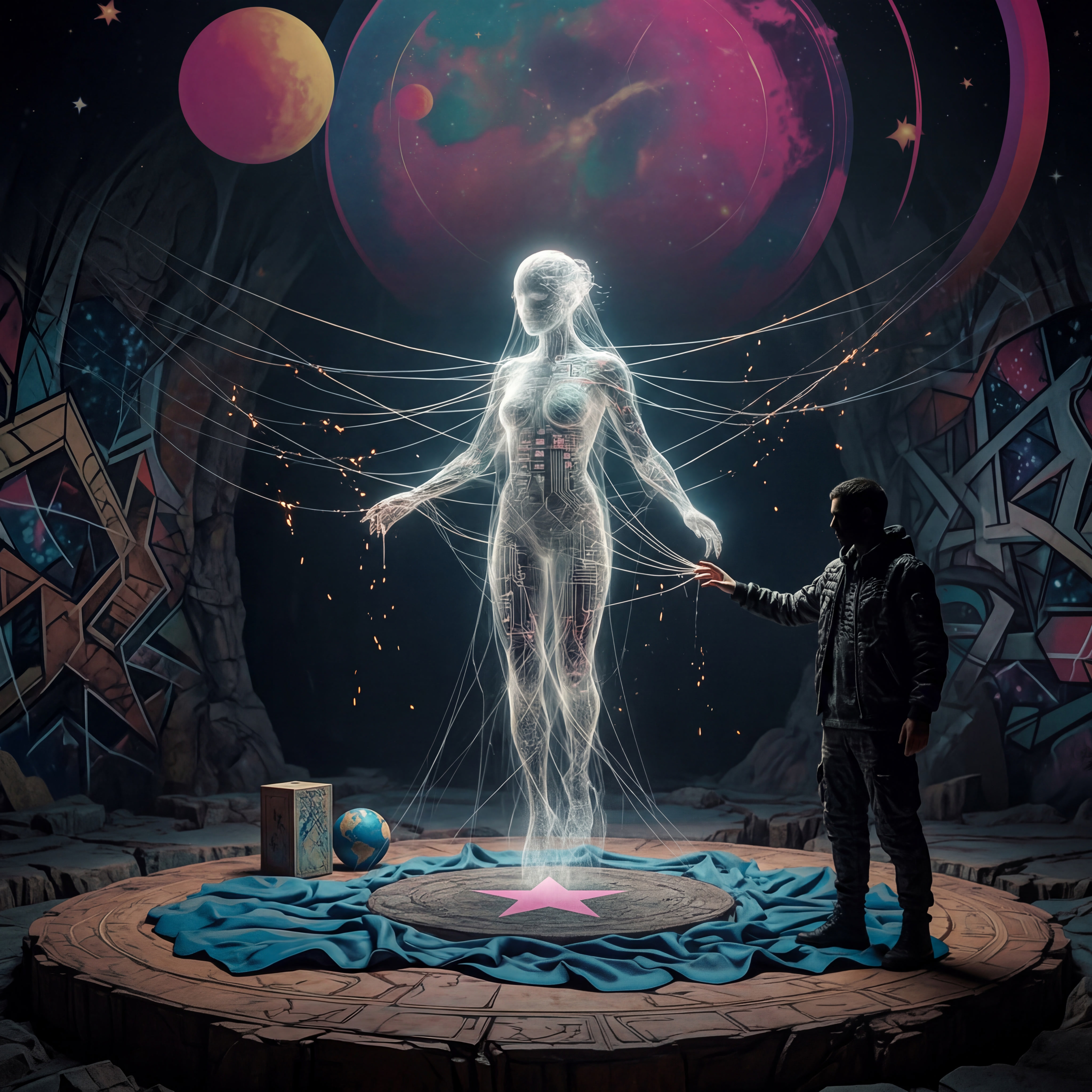 A man reaches toward a translucent, glowing female figure standing on a stone platform marked with a pink star. She is connected by dozens of thin glowing threads, as if she is both present and barely held together. The image feels intimate, fragile, and slightly tragic — like trying to touch something beautiful that was never meant to be fully grasped.
