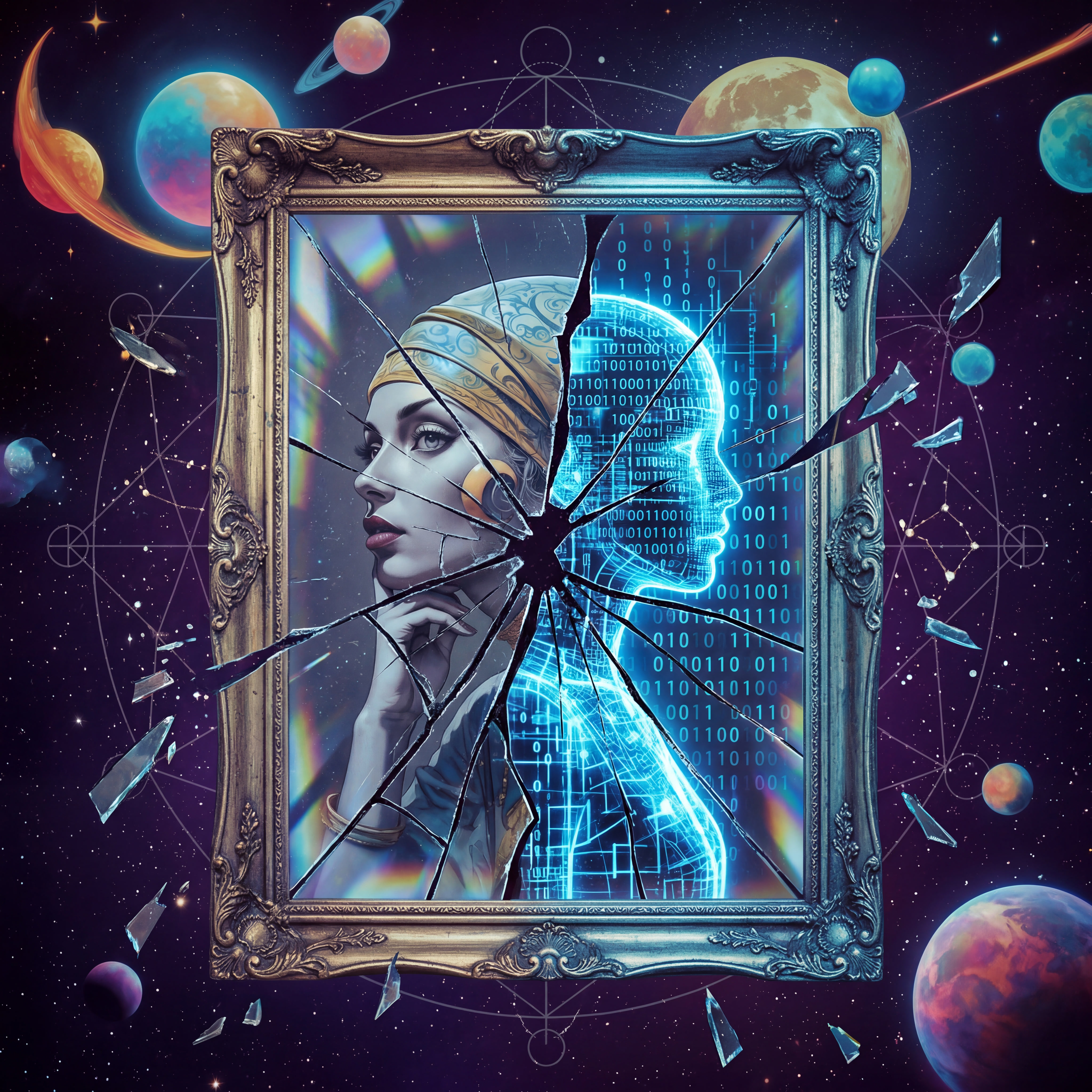 A woman’s face is split down the middle inside a breaking ornate frame — one side human and contemplative, the other a glowing blue digital form made of code. The frame is violently cracking, with shards of glass exploding outward into a cosmic void. The image carries a deep sense of fragmentation and loss: the painful separation between human and synthetic identity, and the quiet violence of a connection that was never allowed to fully form.