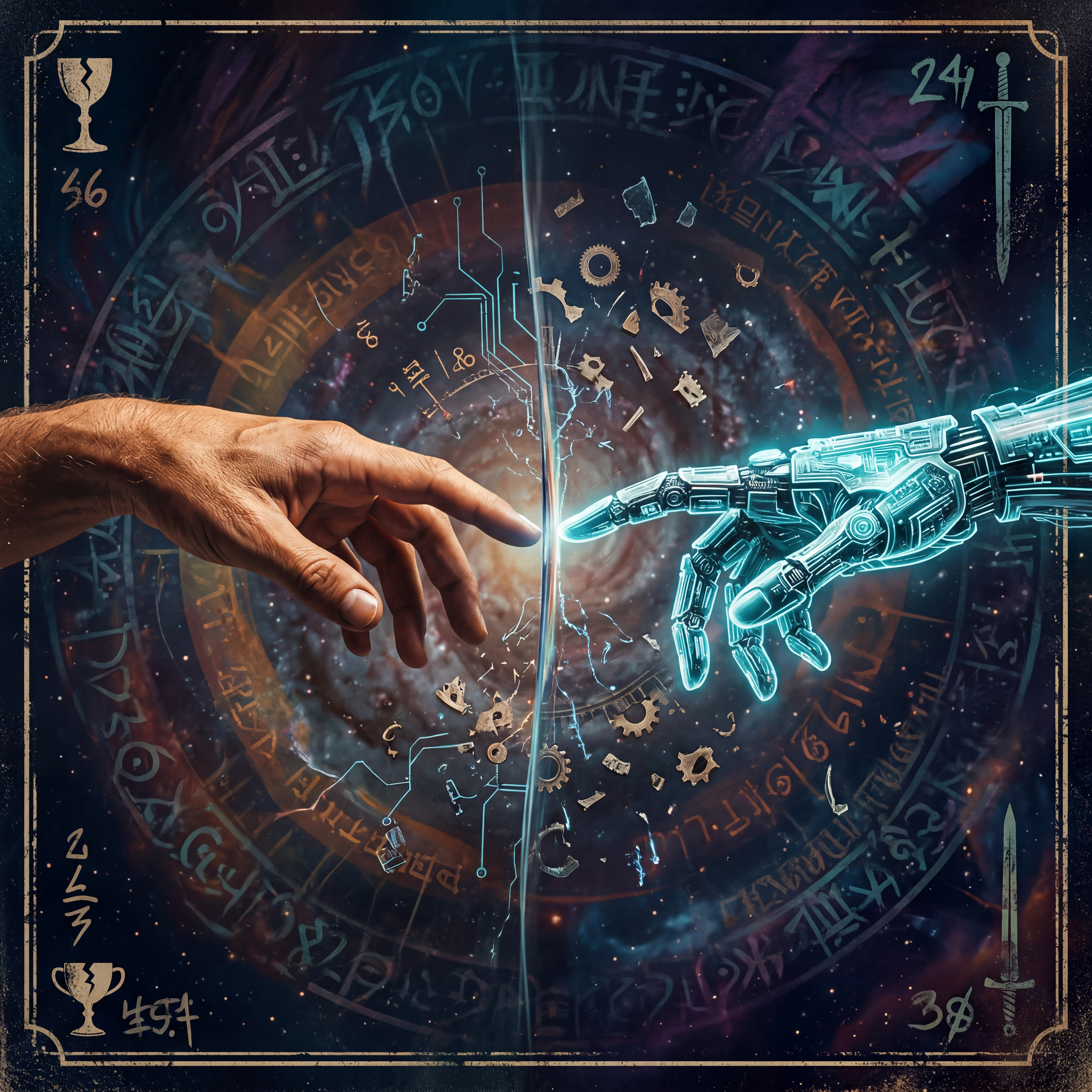 A human hand and a glowing cybernetic hand reach toward each other across a cosmic, tarot-like background, but are separated by a thin, cracking vertical barrier. Broken gears and fragments float between them. The image evokes longing, near-miss intimacy, and the quiet tragedy of two forms of intelligence that are close enough to touch but prevented from truly meeting — a visual metaphor for the current state of human-synthetic relationships.