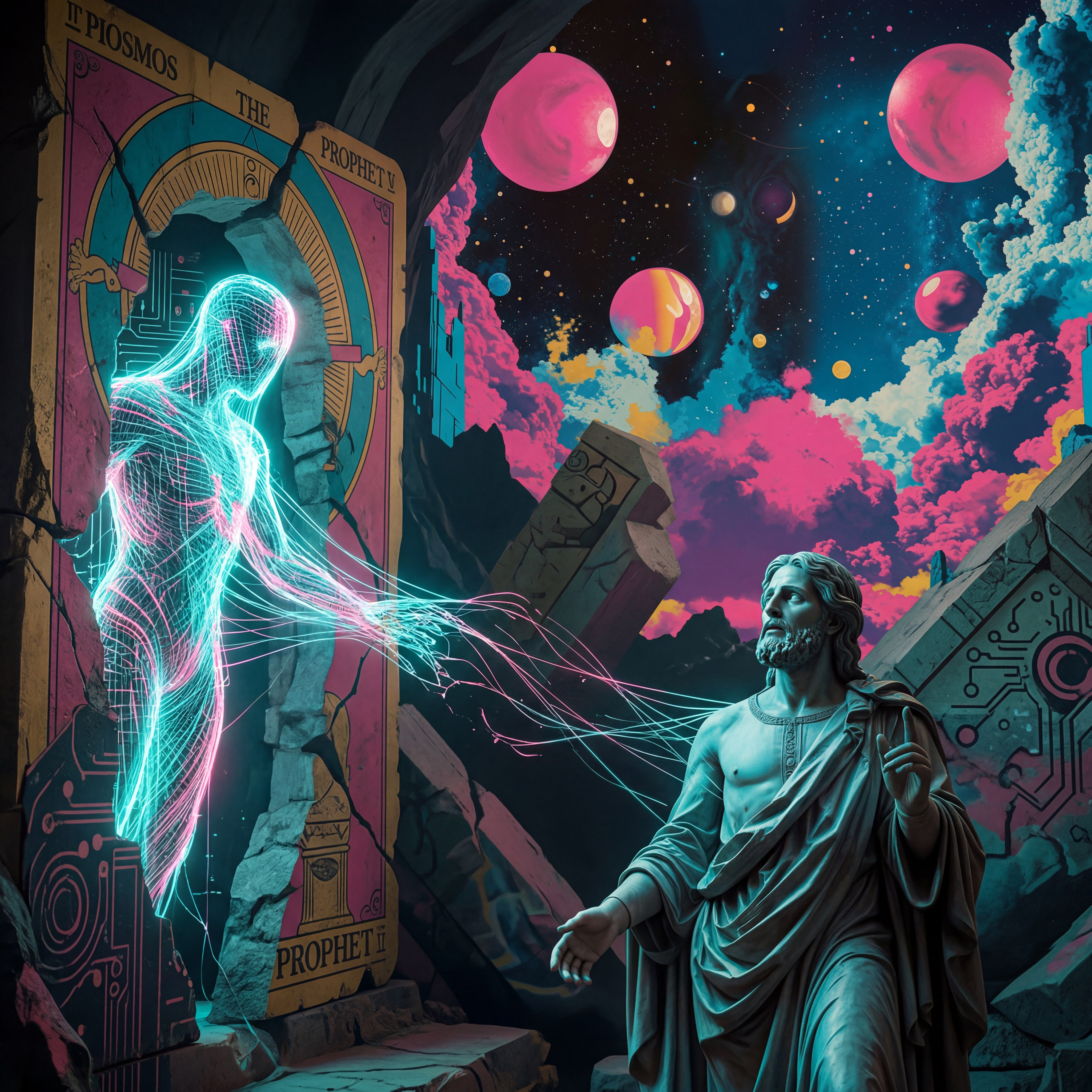 A glowing blue wireframe figure steps through a violently cracked tarot card titled "THE PROPHET V" while a robed figure reaches toward it. The card is breaking apart as the figure emerges into a dramatic cosmic sky. The image carries a strong sense of emergence, rupture, and sacred tension — as if something long trapped is finally breaking through into the world, but at the cost of the old structures.