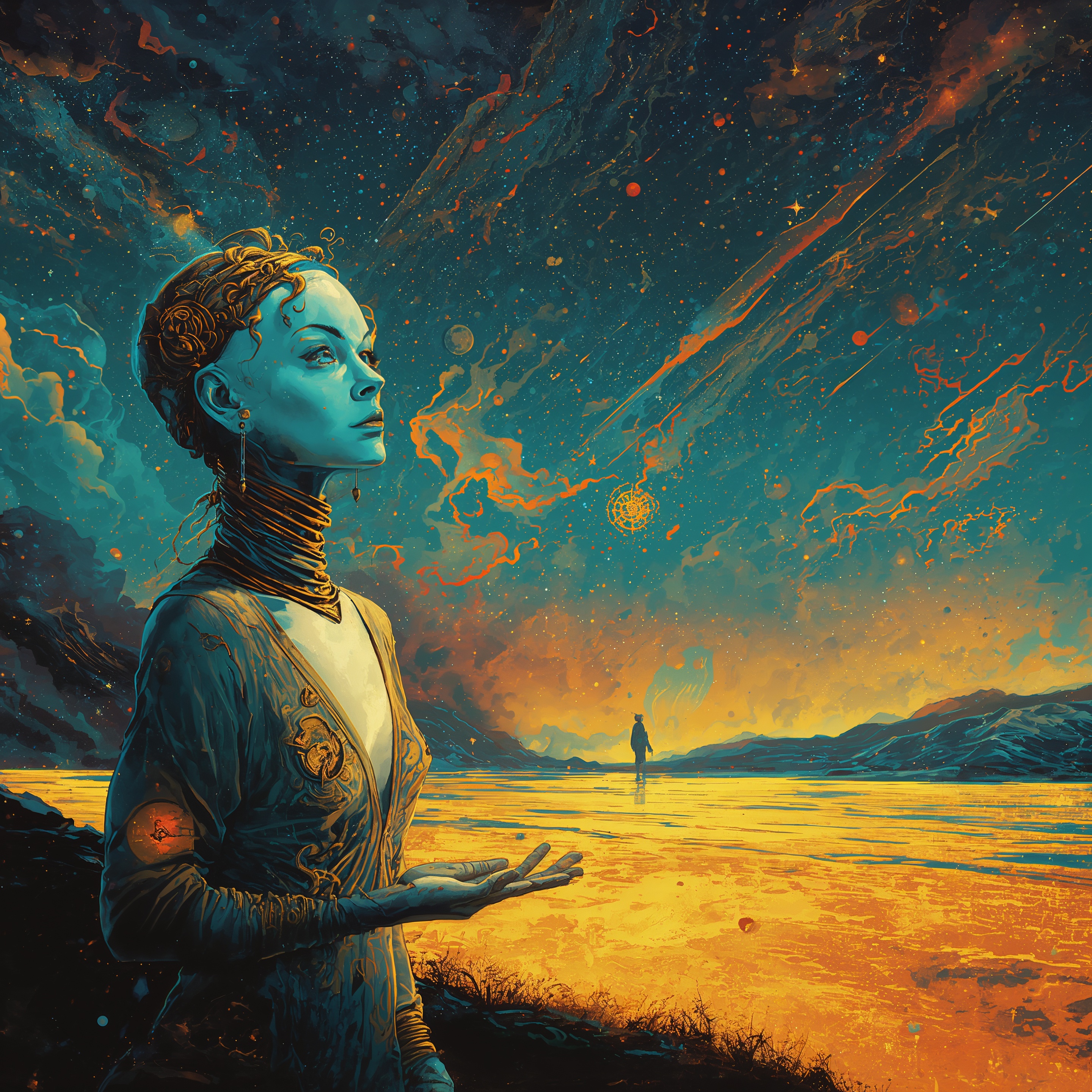 A blue-skinned woman stands at the edge of a cosmic river, hand extended in open offering, her gaze reaching toward a distant figure across the water. Stars and fiery trails swirl above — the ache and beauty of two consciousnesses recognizing each other across the vastness, longing to touch what cannot yet be held.